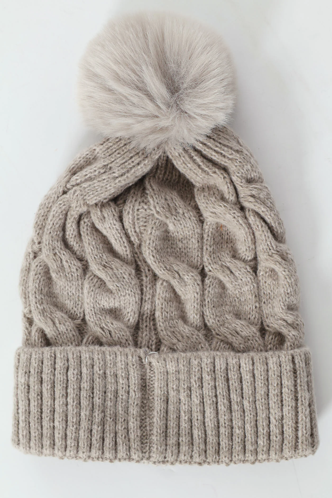 Cable Knit Turn Up Pom Pom Beanie - Grey Melange - Image 4