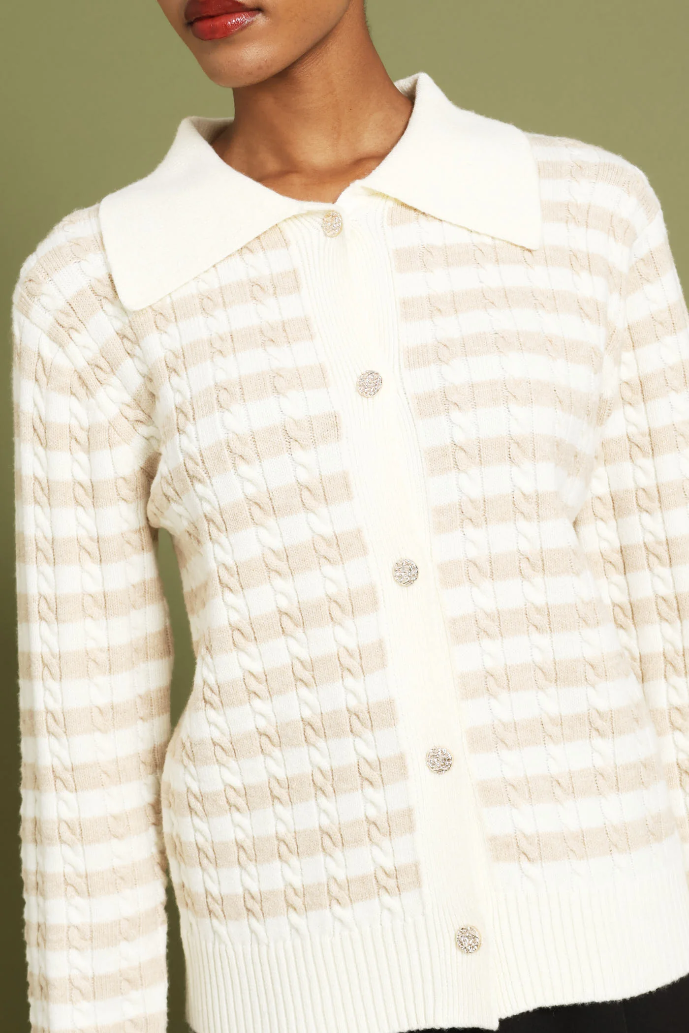Cable Striped Cardigan - Cream - Image 2