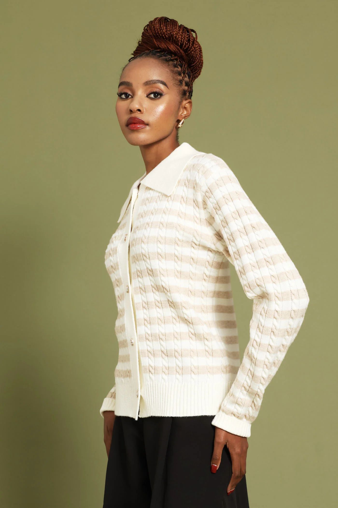 Cable Striped Cardigan - Cream - Image 3