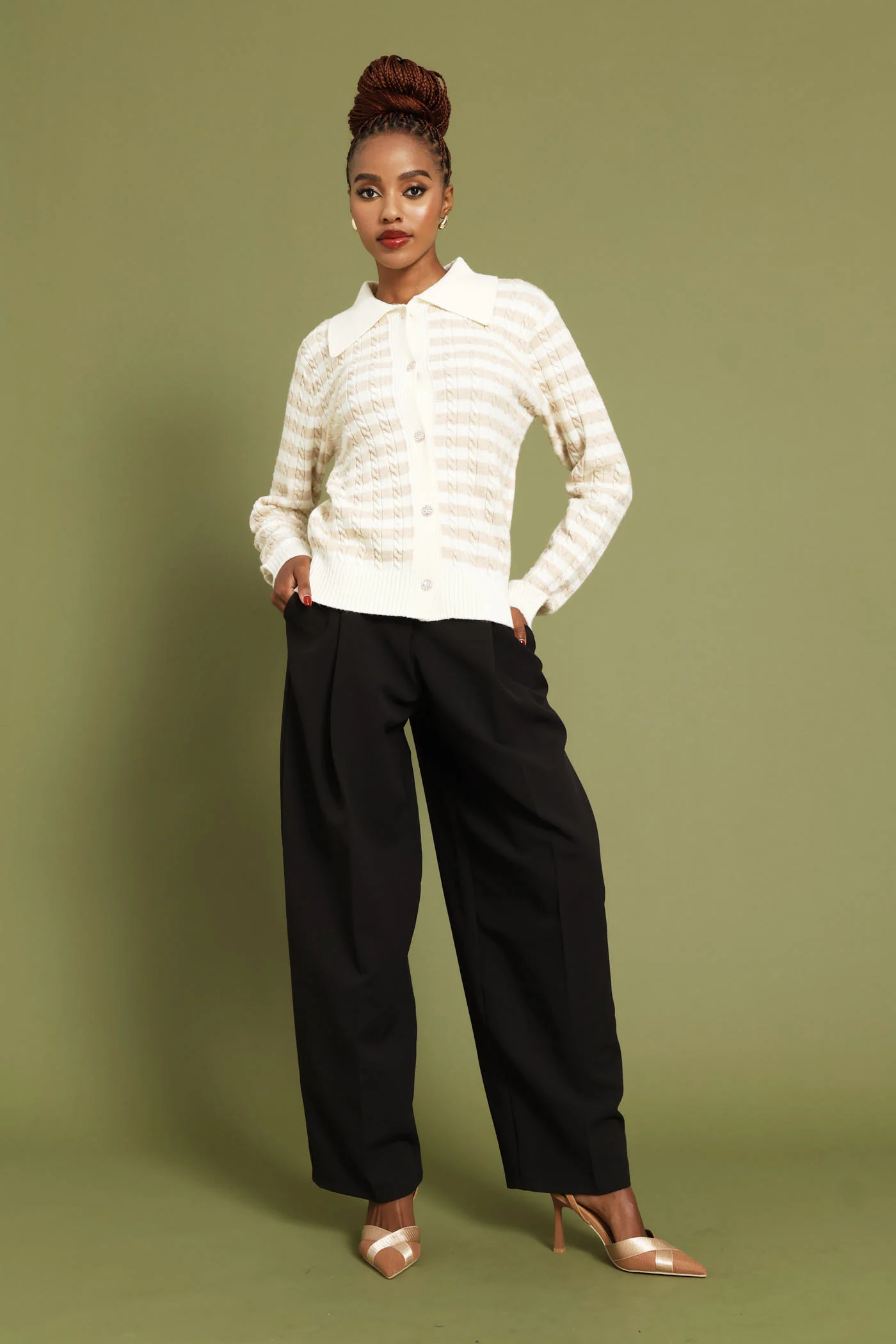 Cable Striped Cardigan - Cream - Image 5