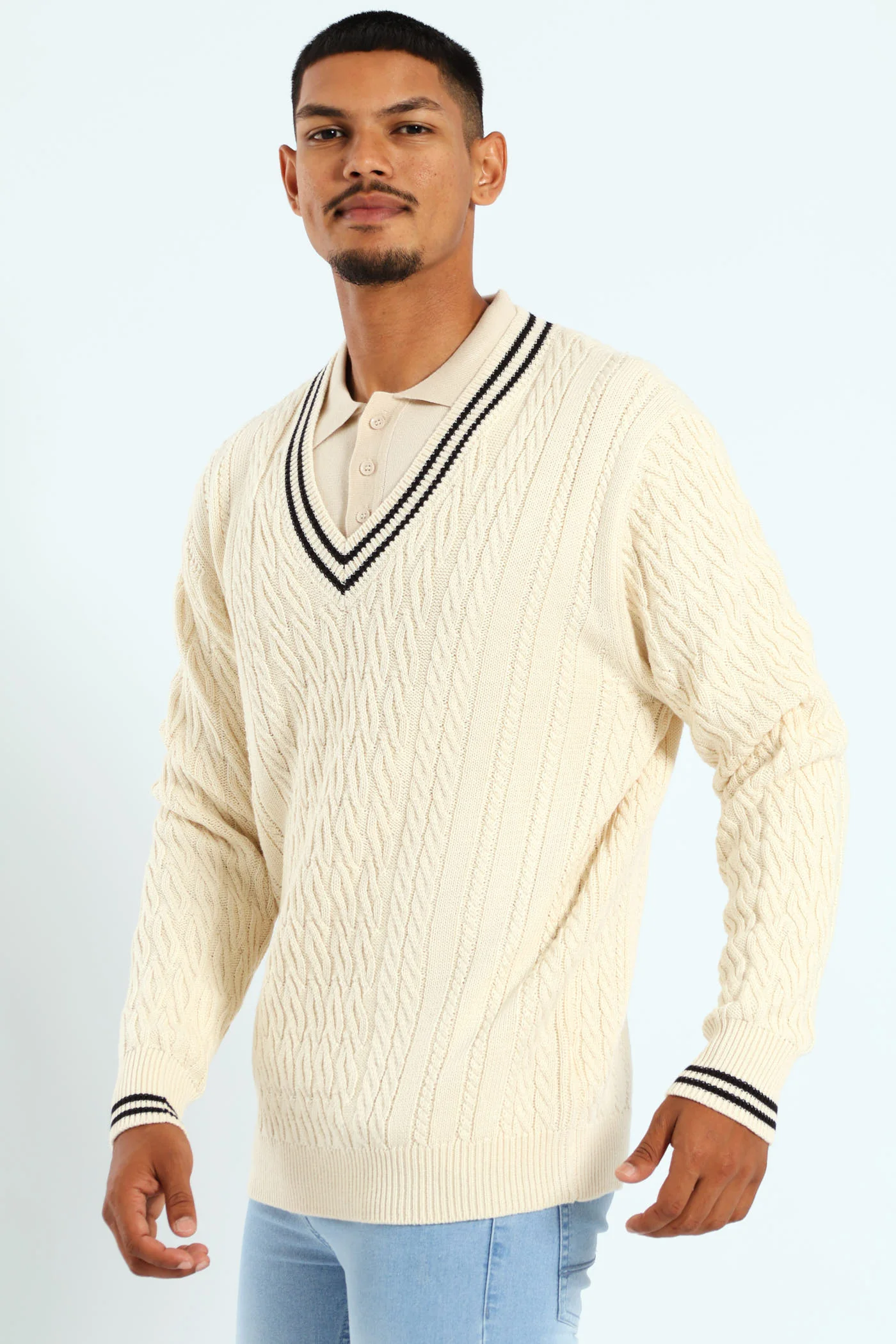 Cable V-Neck Jersey - Stone - Image 2