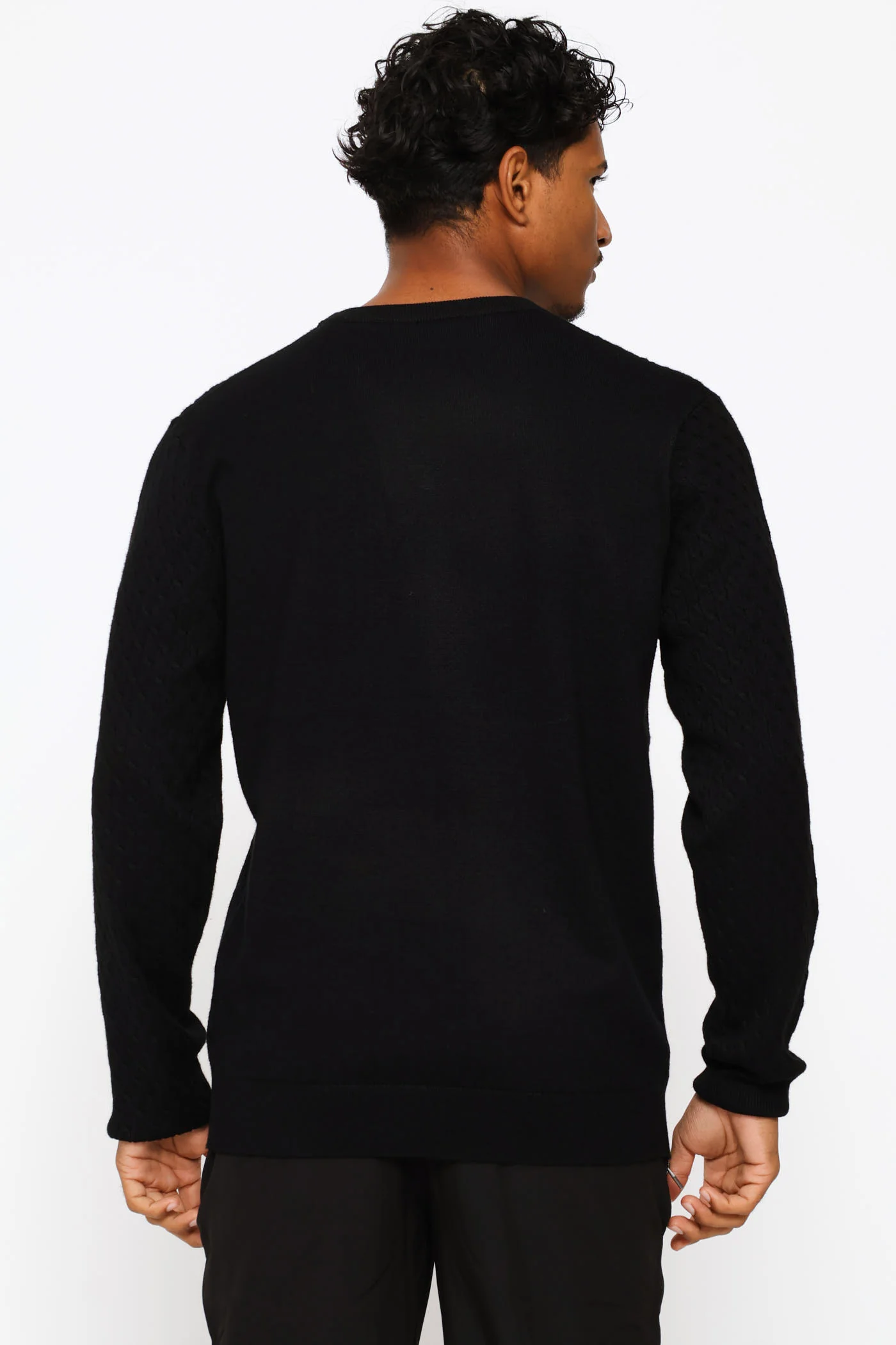 Cable Weave Long Sleeve Knit Tee - Black - Image 4
