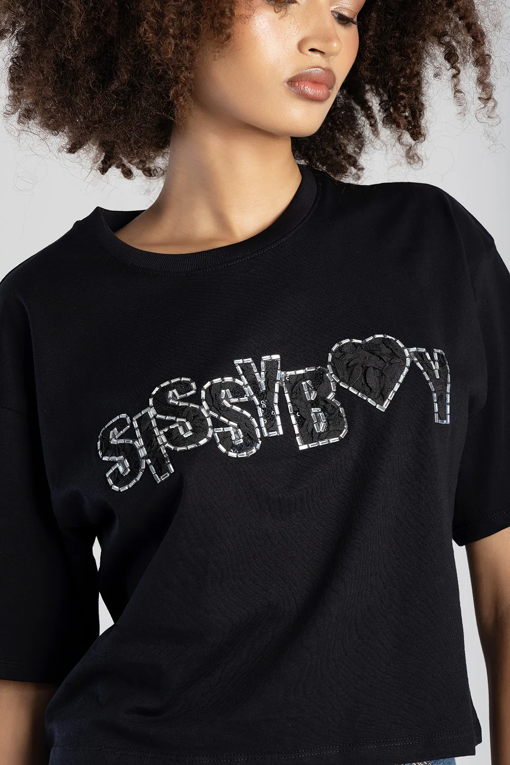 Call Me Yours Boxy Top With Textured Bling Logo - Black - Image 2