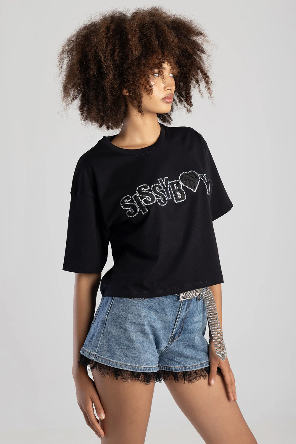 Call Me Yours Boxy Top With Textured Bling Logo - Black - Image 3