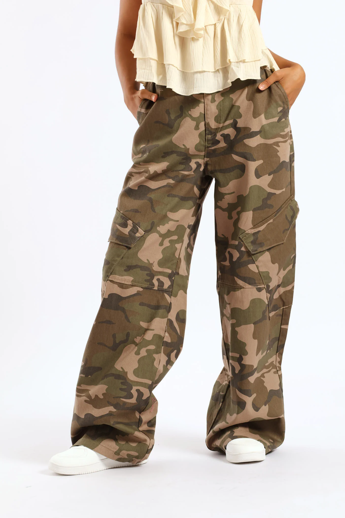 Camo Print Cargo Wide Leg Denim - Fatigue - Image 2