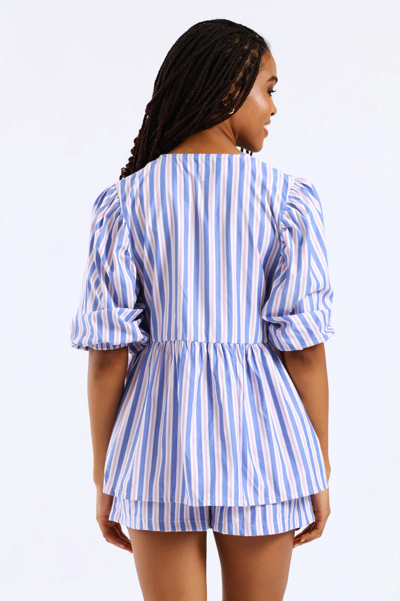 Candy Stripe Balloon Sleeve Tie Top - Blue - Image 3