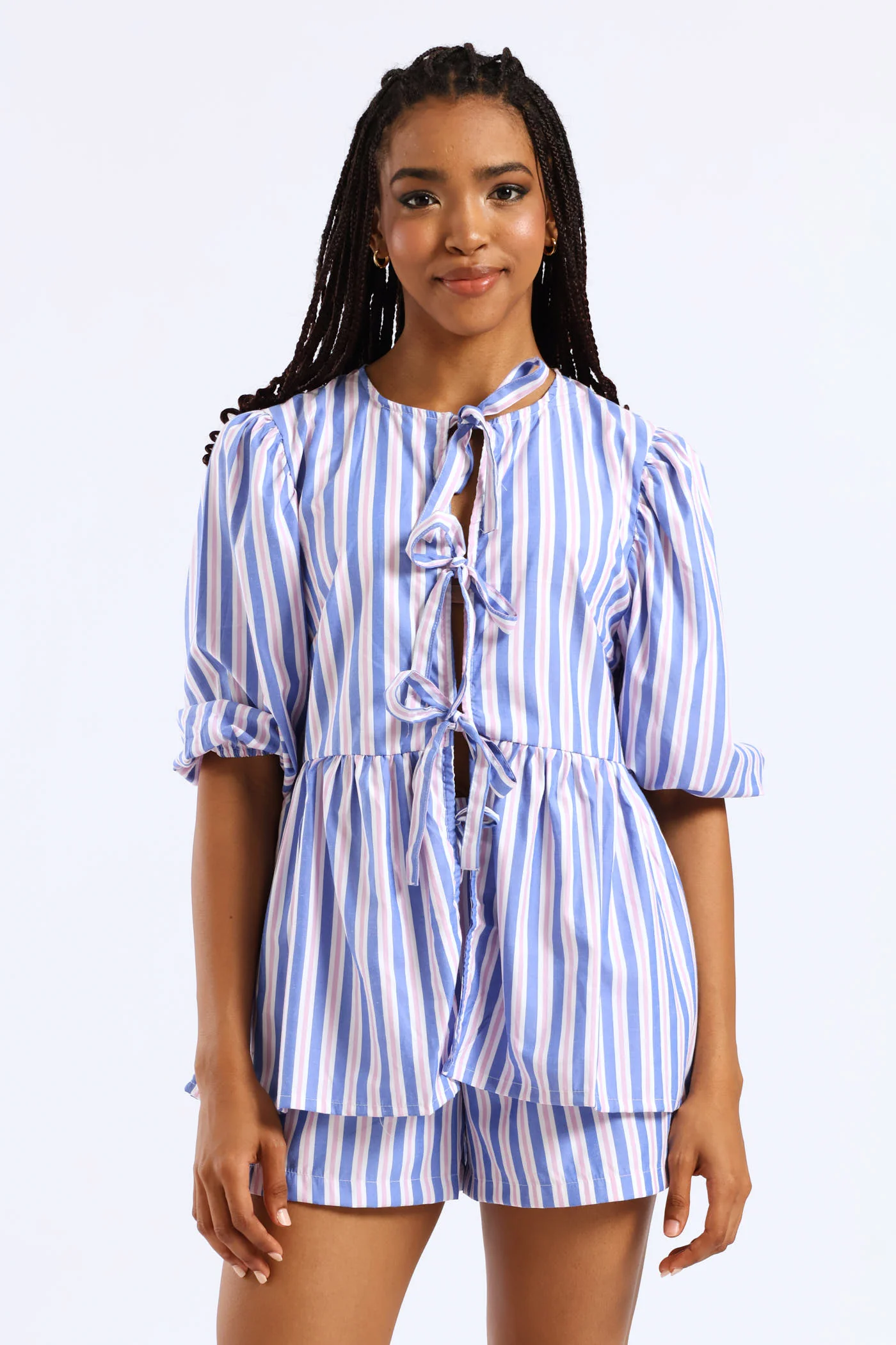 Candy Stripe Balloon Sleeve Tie Top - Blue - Image 4