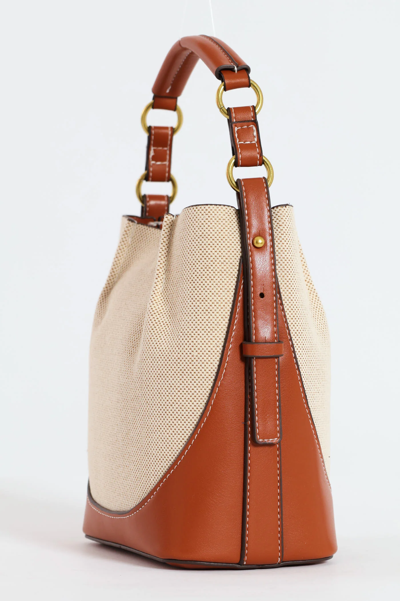 Canvas Colourblock Top Handle Bucket Bag - Tan - Image 2