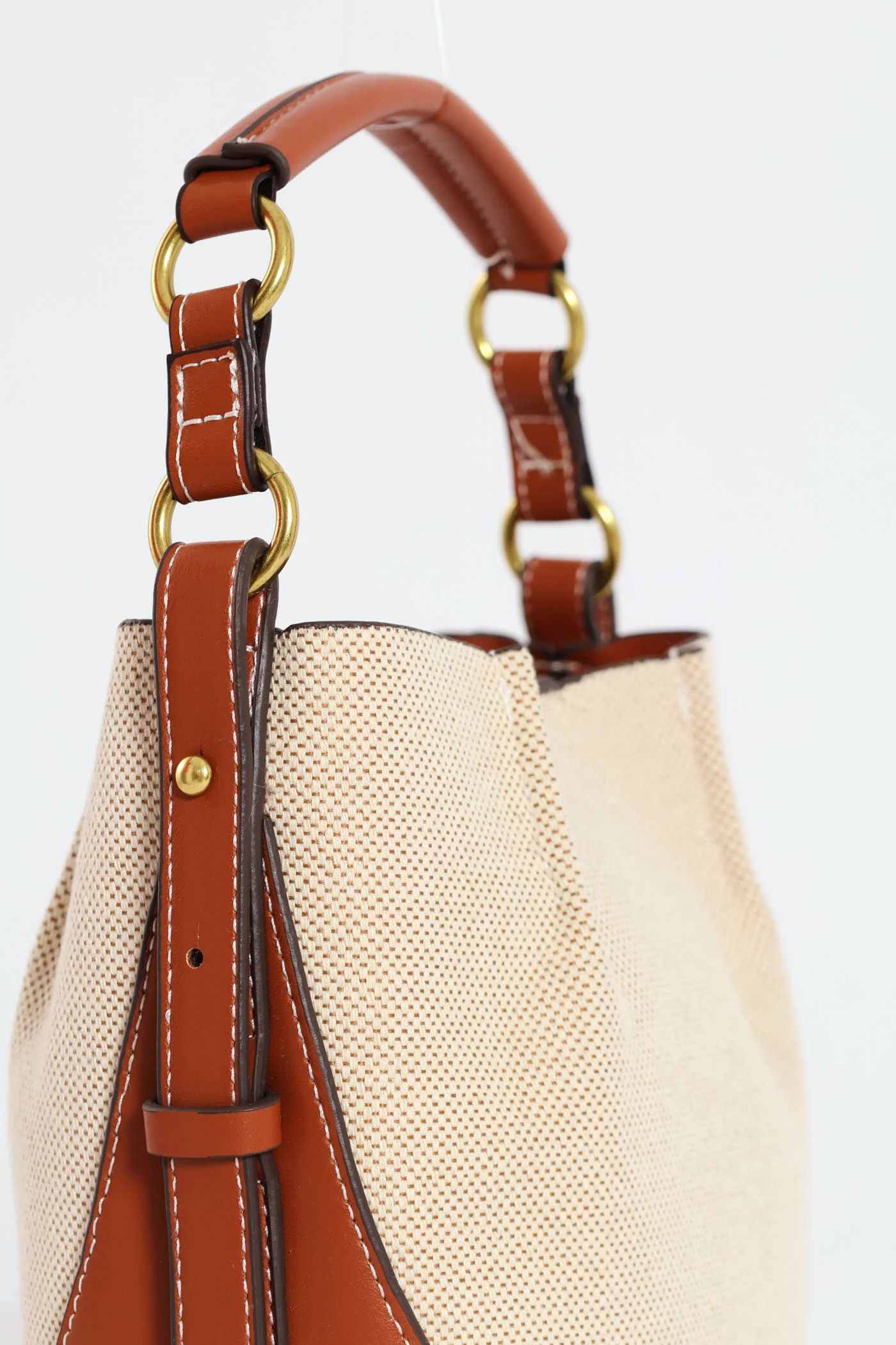 Canvas Colourblock Top Handle Bucket Bag - Tan - Image 3