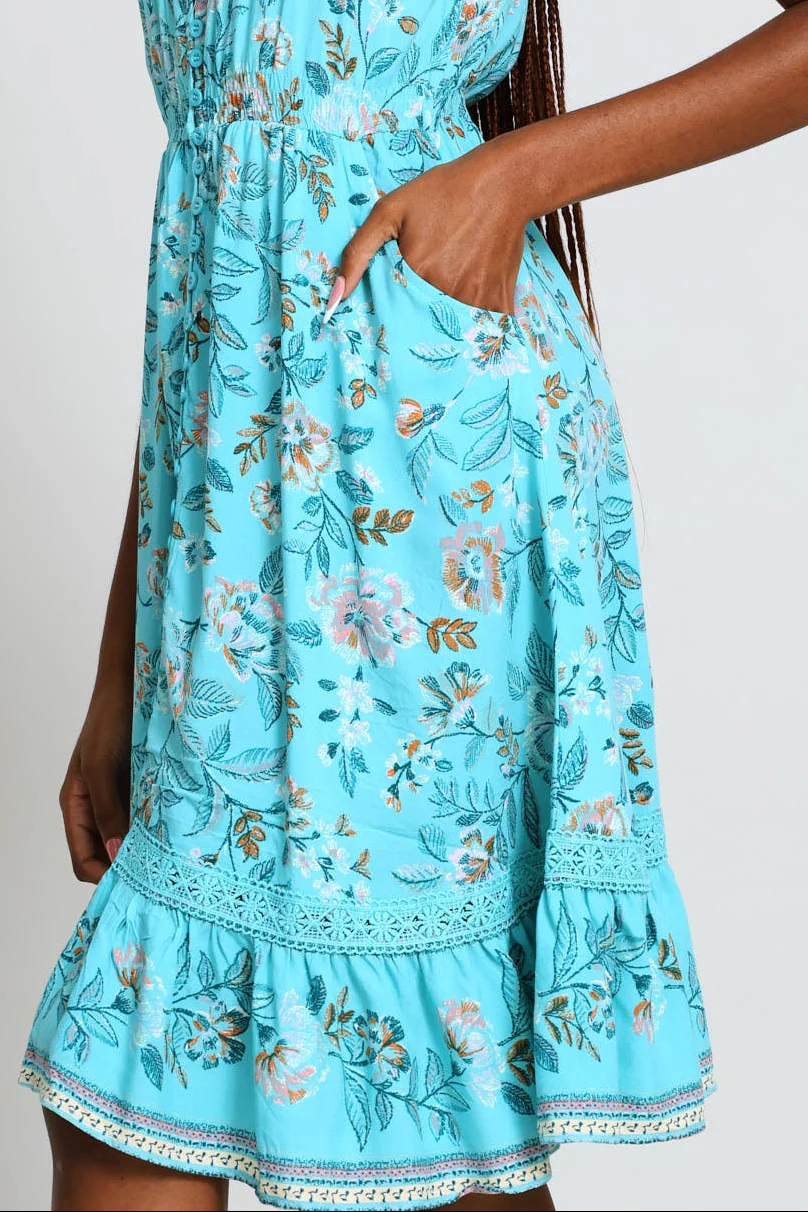 Cap Sleeve Flutter V-Neck Midi Dress - Turquoise - Image 2