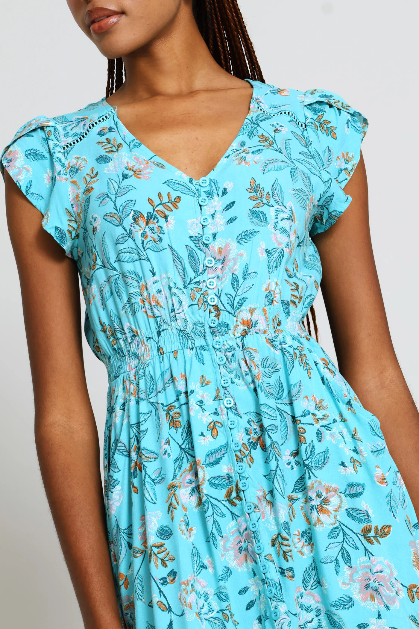 Cap Sleeve Flutter V-Neck Midi Dress - Turquoise - Image 4