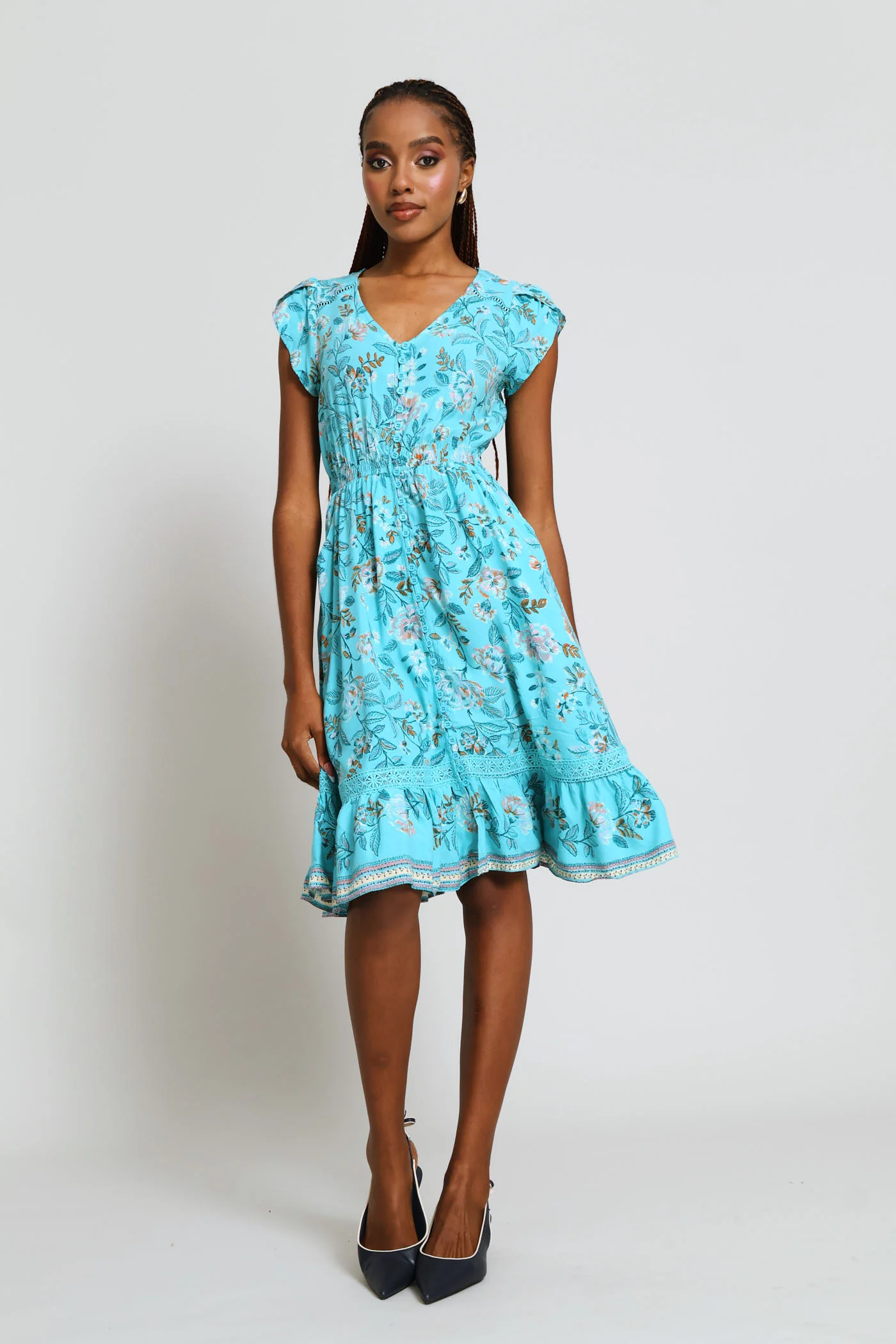 Cap Sleeve Flutter V-Neck Midi Dress - Turquoise - Image 5