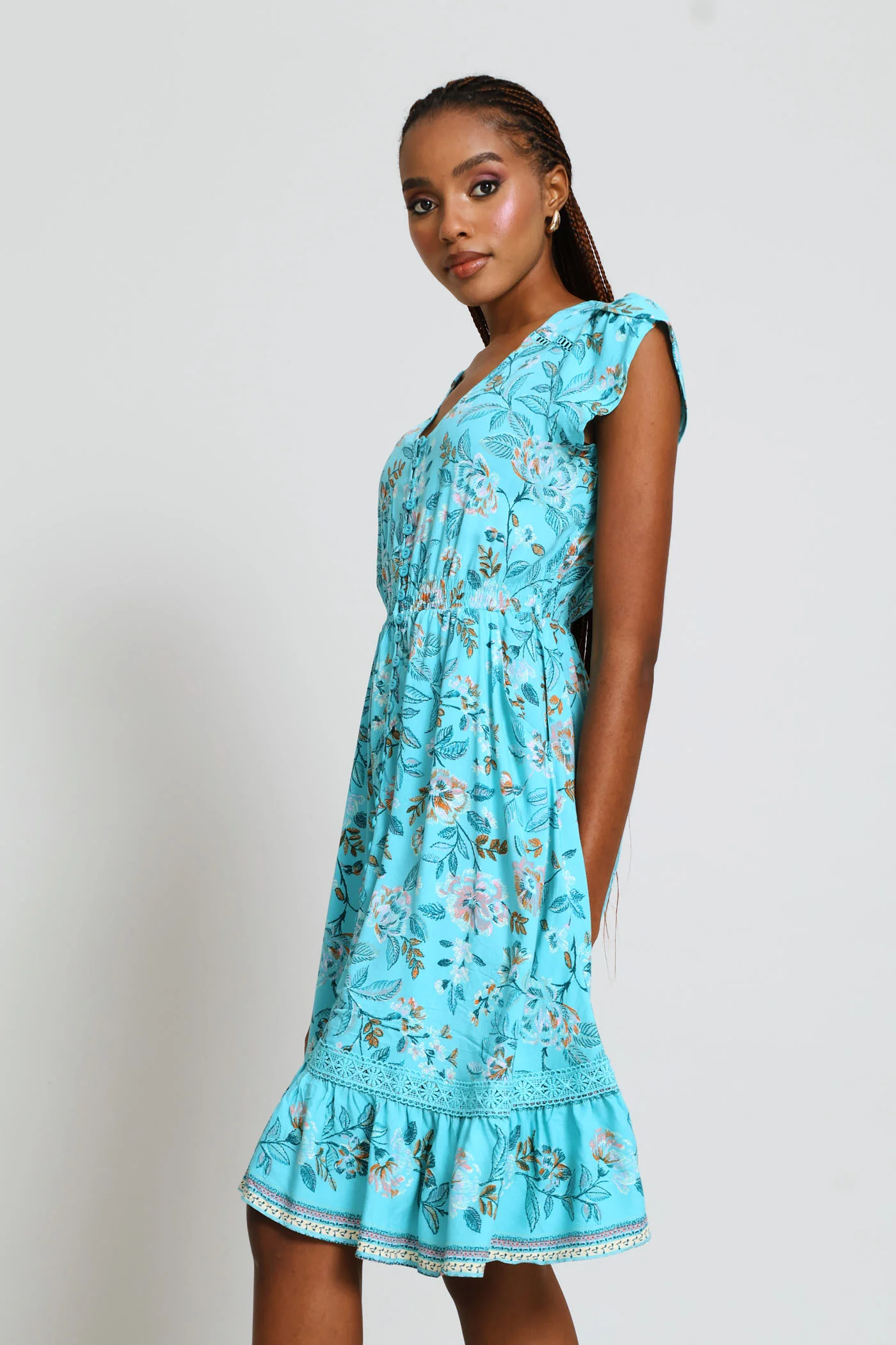 Cap Sleeve Flutter V-Neck Midi Dress - Turquoise - Image 6