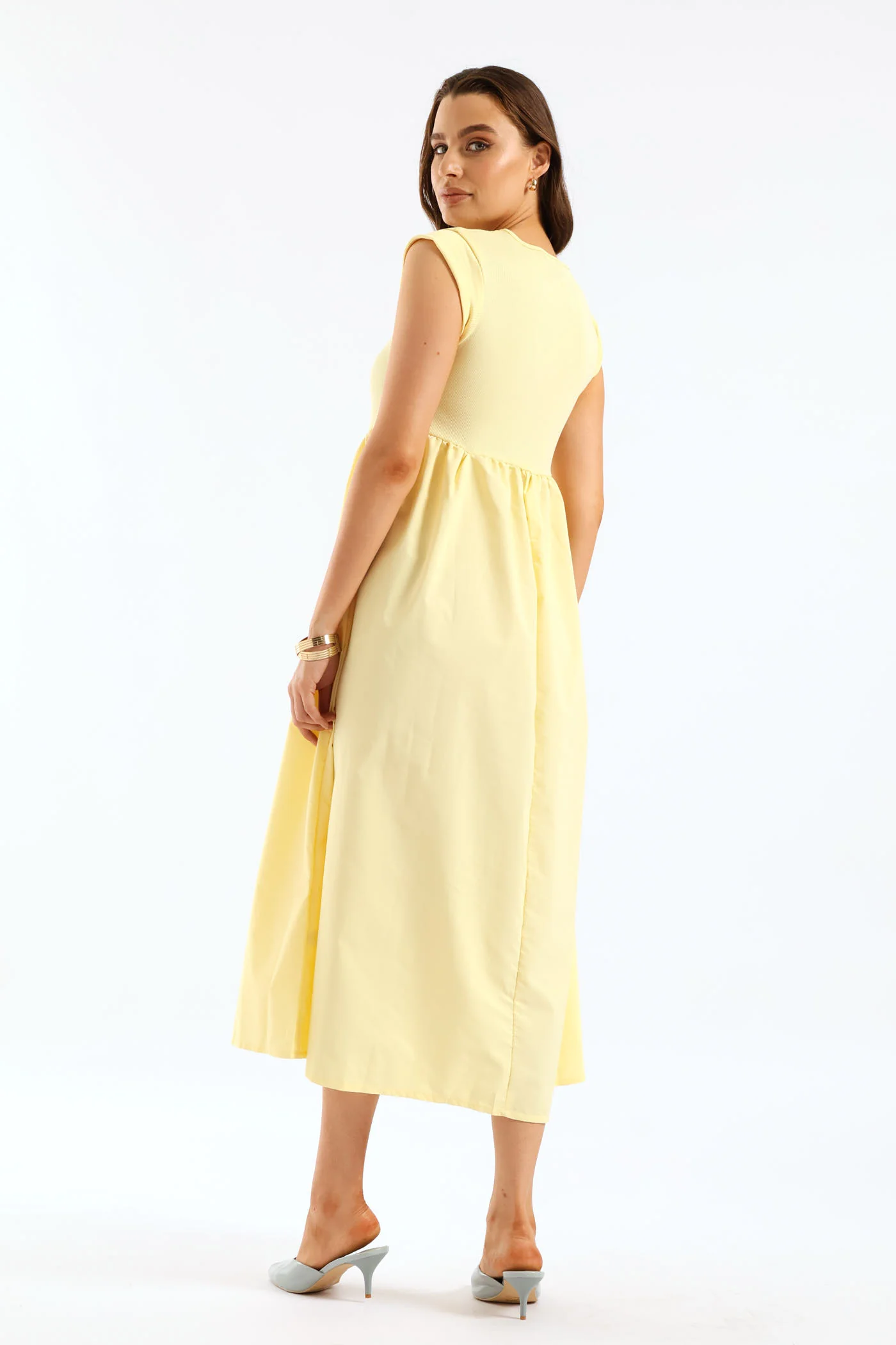 Cap Sleeve Rib Shaped Bodice Combo Midi Dress - Pastel Yellow - Image 2