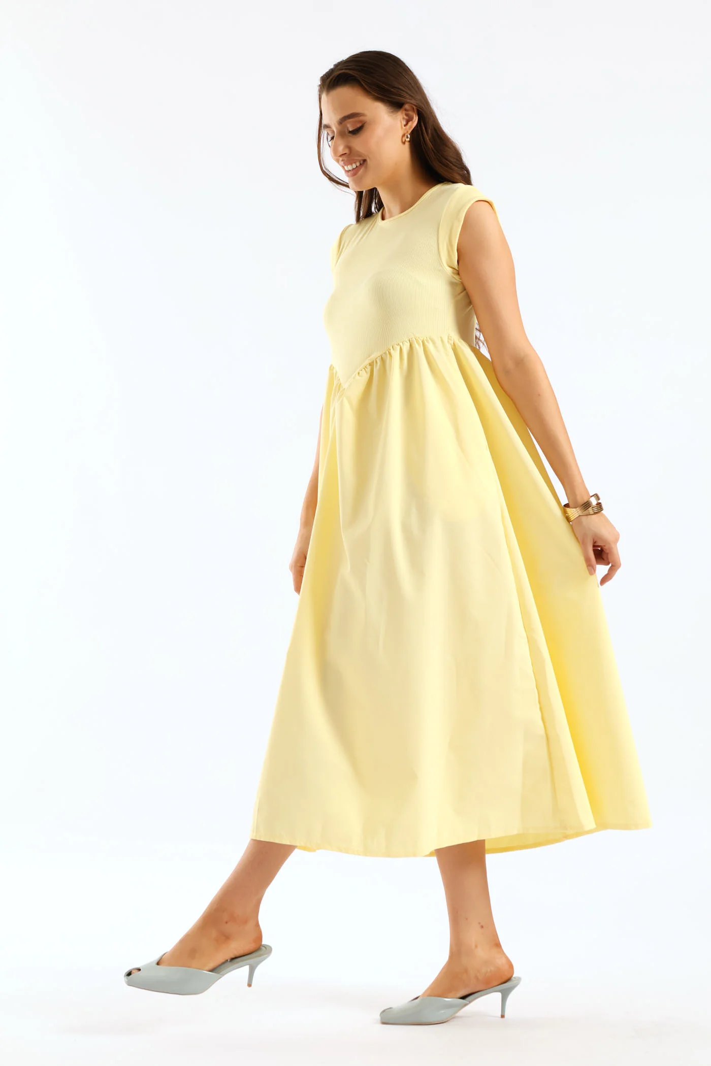 Cap Sleeve Rib Shaped Bodice Combo Midi Dress - Pastel Yellow - Image 3