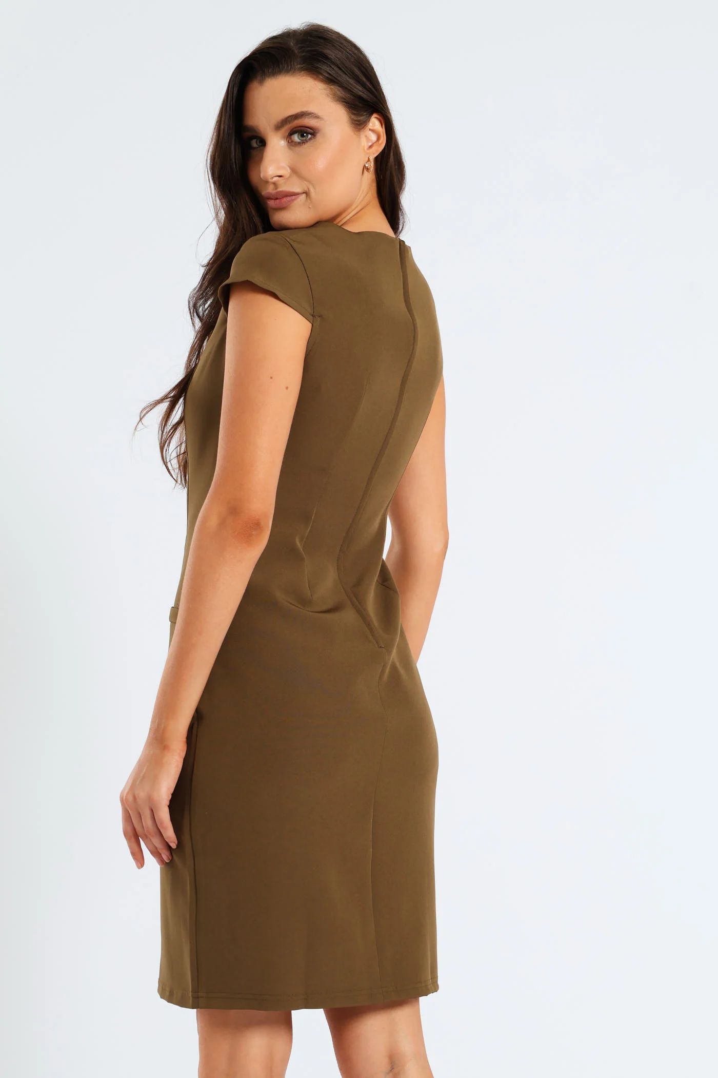Cap Sleeve Work Pencil Dress - Brown - Image 3