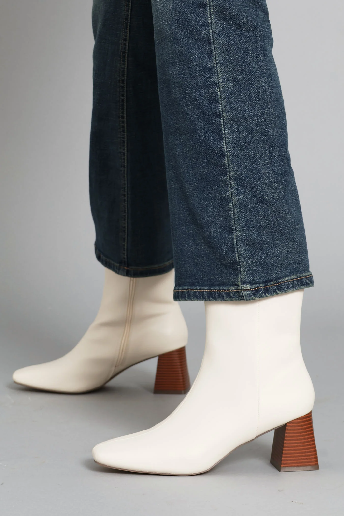 Center Seam Stack Block Heel Ankle Boot - Off White - Image 4
