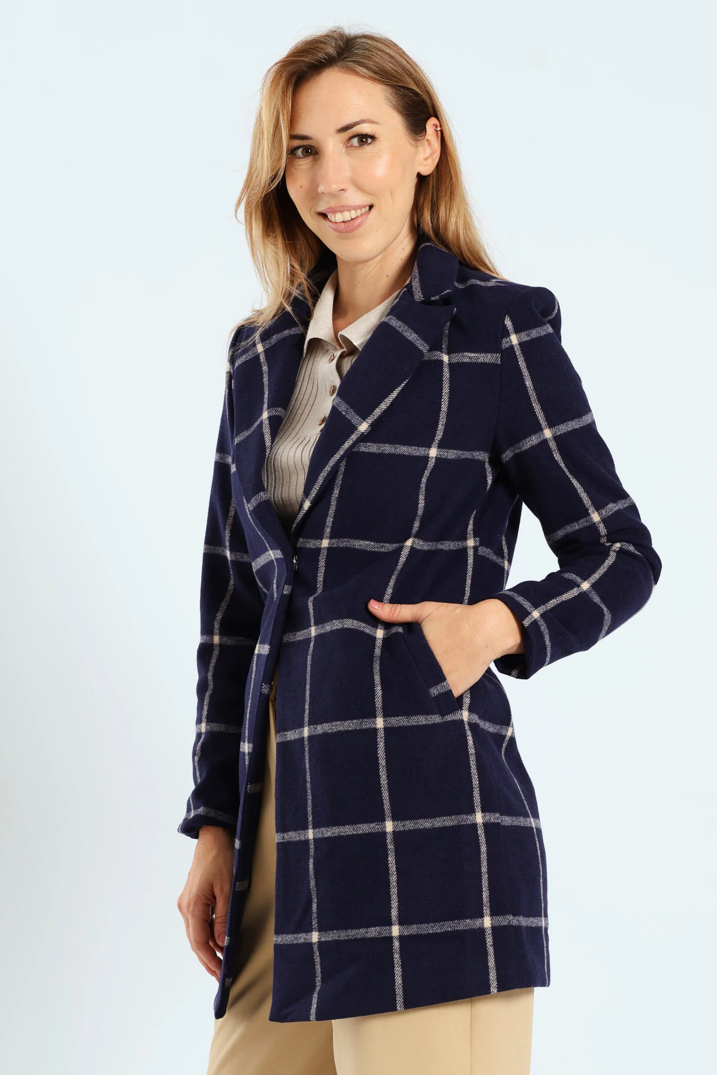 Charlotte Grid Check Single Breasted Coat - Navy - Image 4