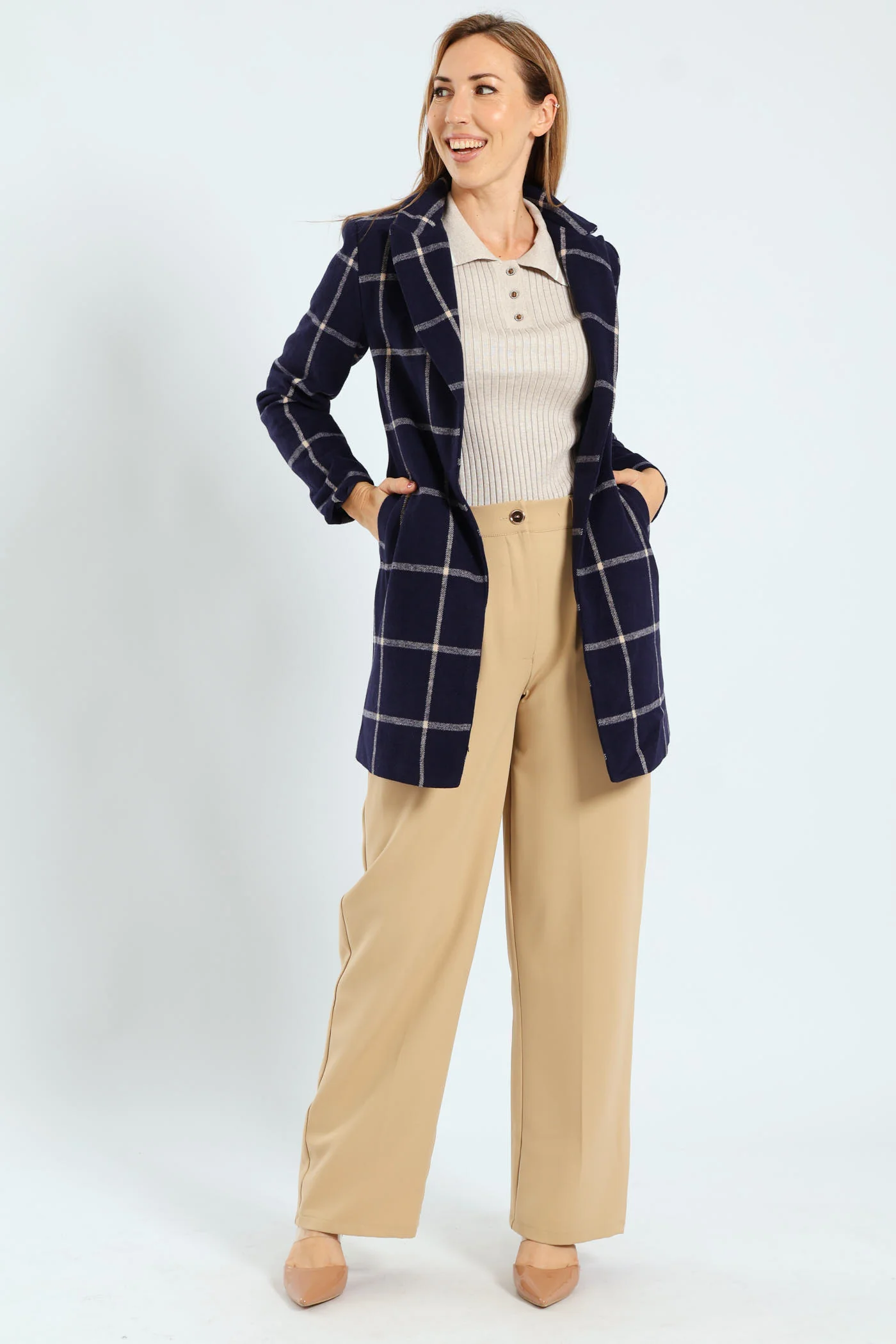 Charlotte Grid Check Single Breasted Coat - Navy - Image 6