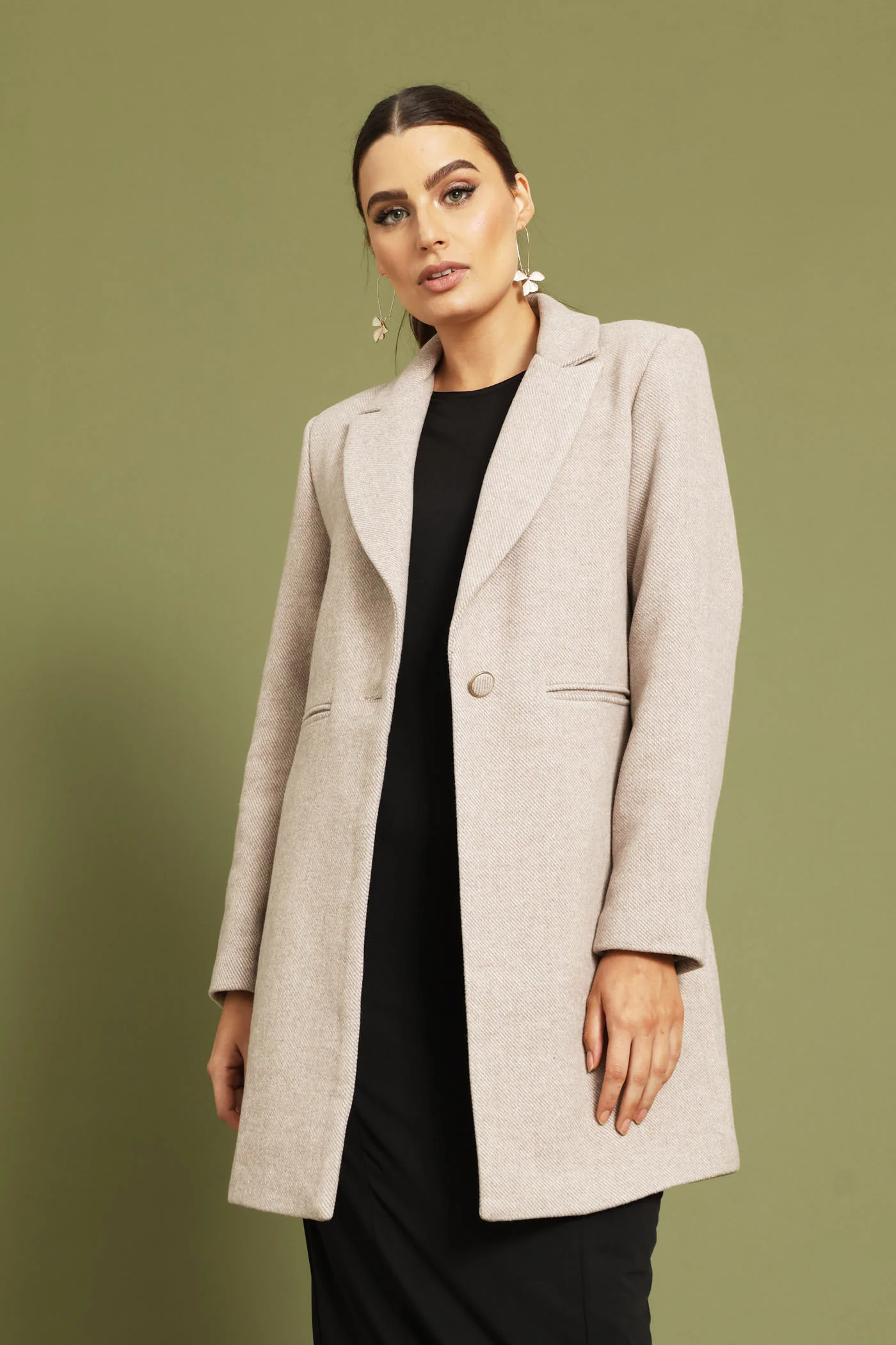 Charlotte Herringbone Single Breasted Coat - Oatmeal - Image 2
