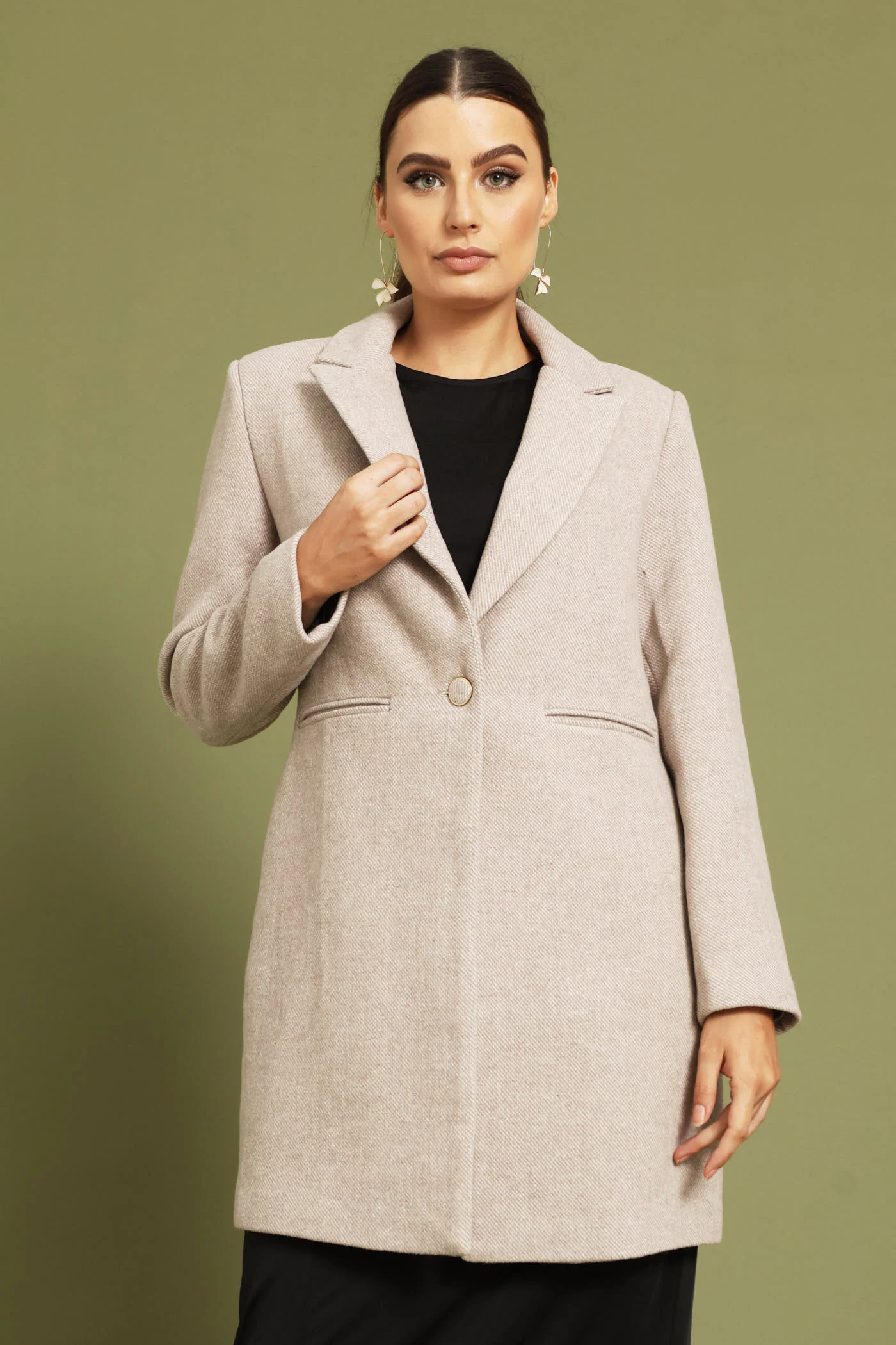 Charlotte Herringbone Single Breasted Coat - Oatmeal - Image 3