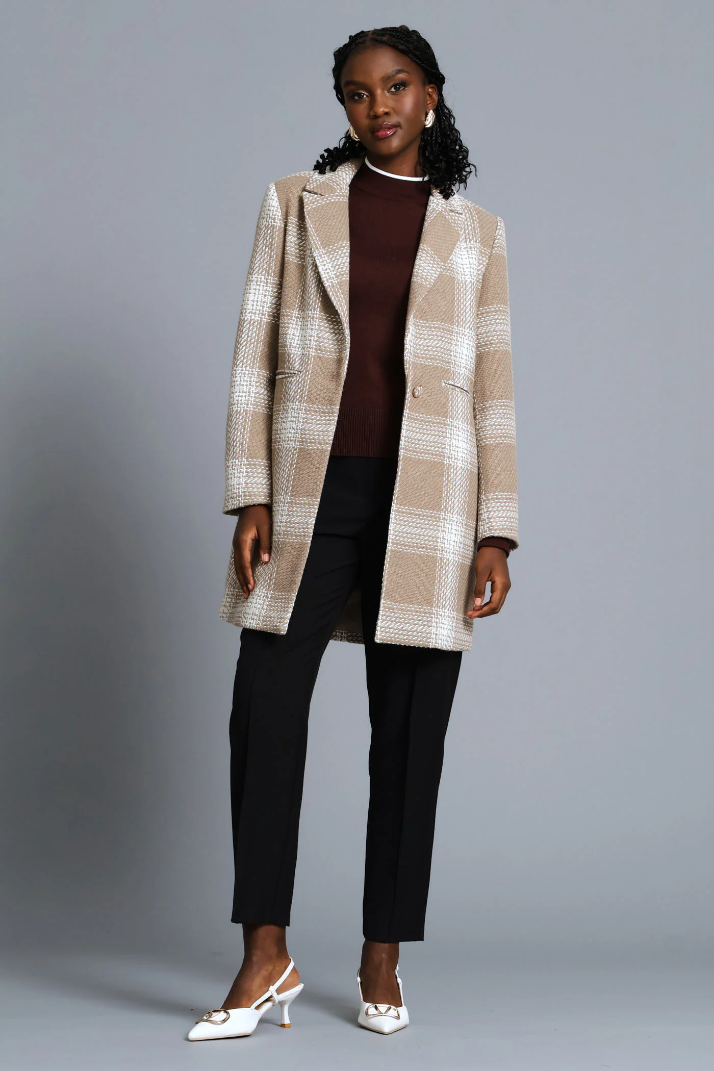 Charlotte Tweed Single Breasted Coat - Beige/Cream - Image 6