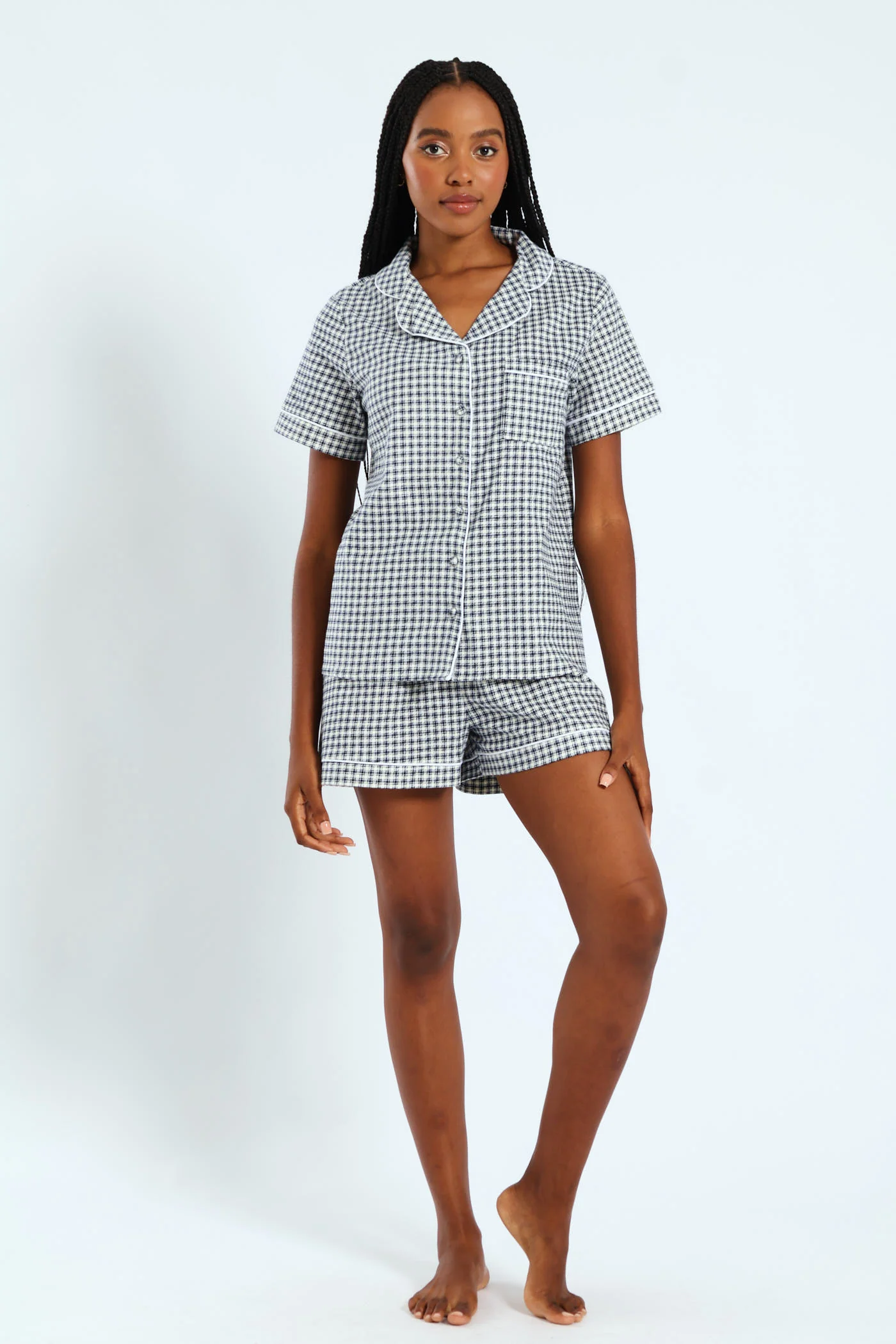 Check Flannel Button Through & Short Set - White/Navy - Image 2