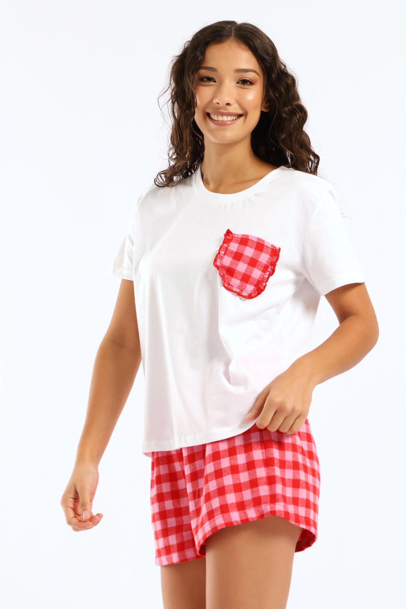 Check Knit Top & Woven Short Set - White - Image 2