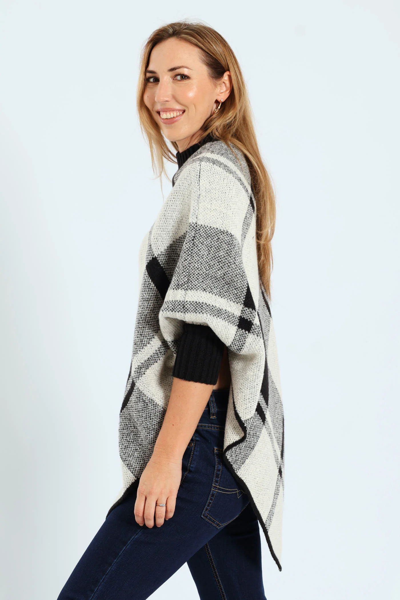 Check Plaid Poncho - Black - Image 3