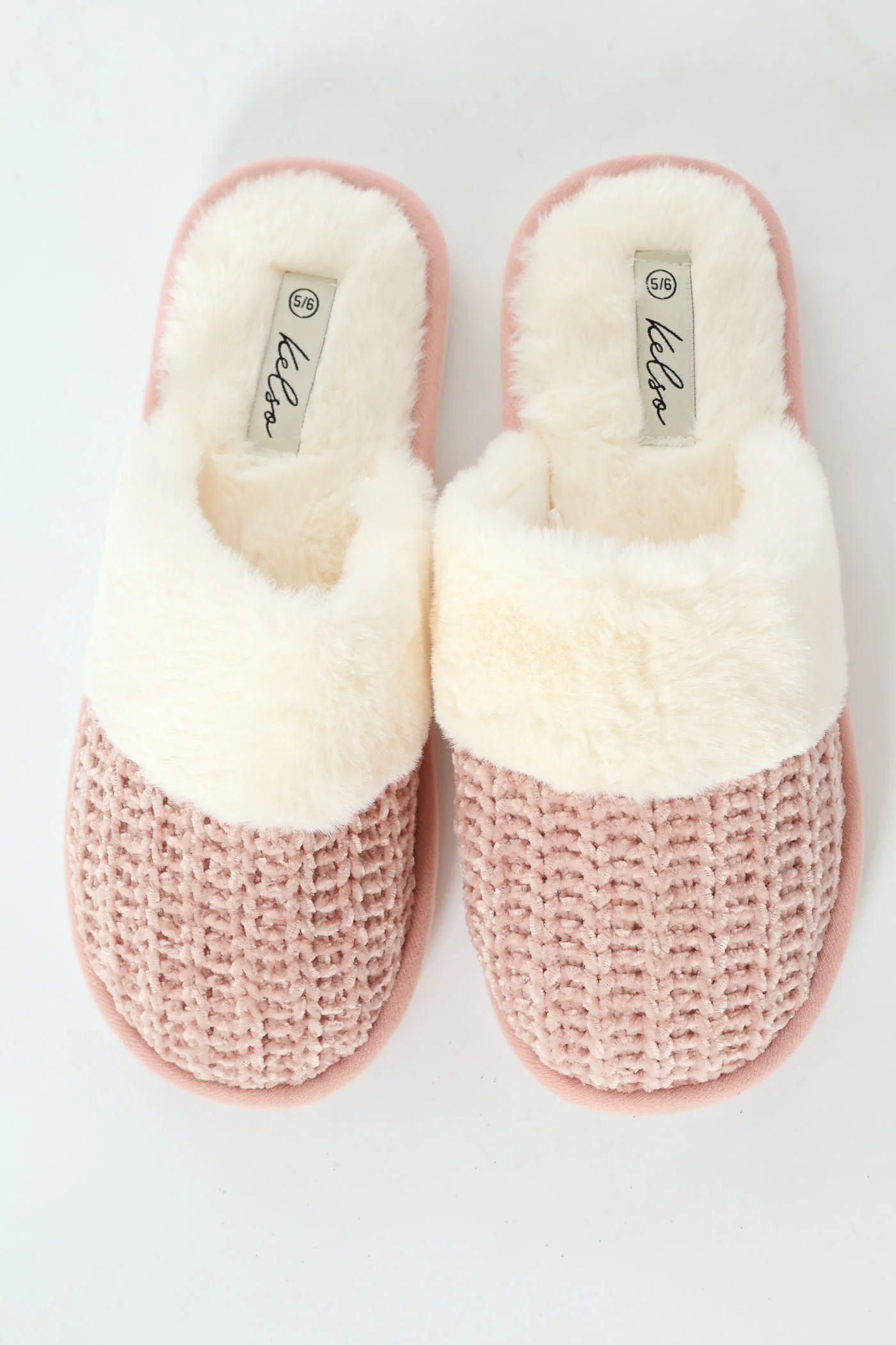 Chenille Closed Toe Slipper With Fur Topline - Blush - Image 5
