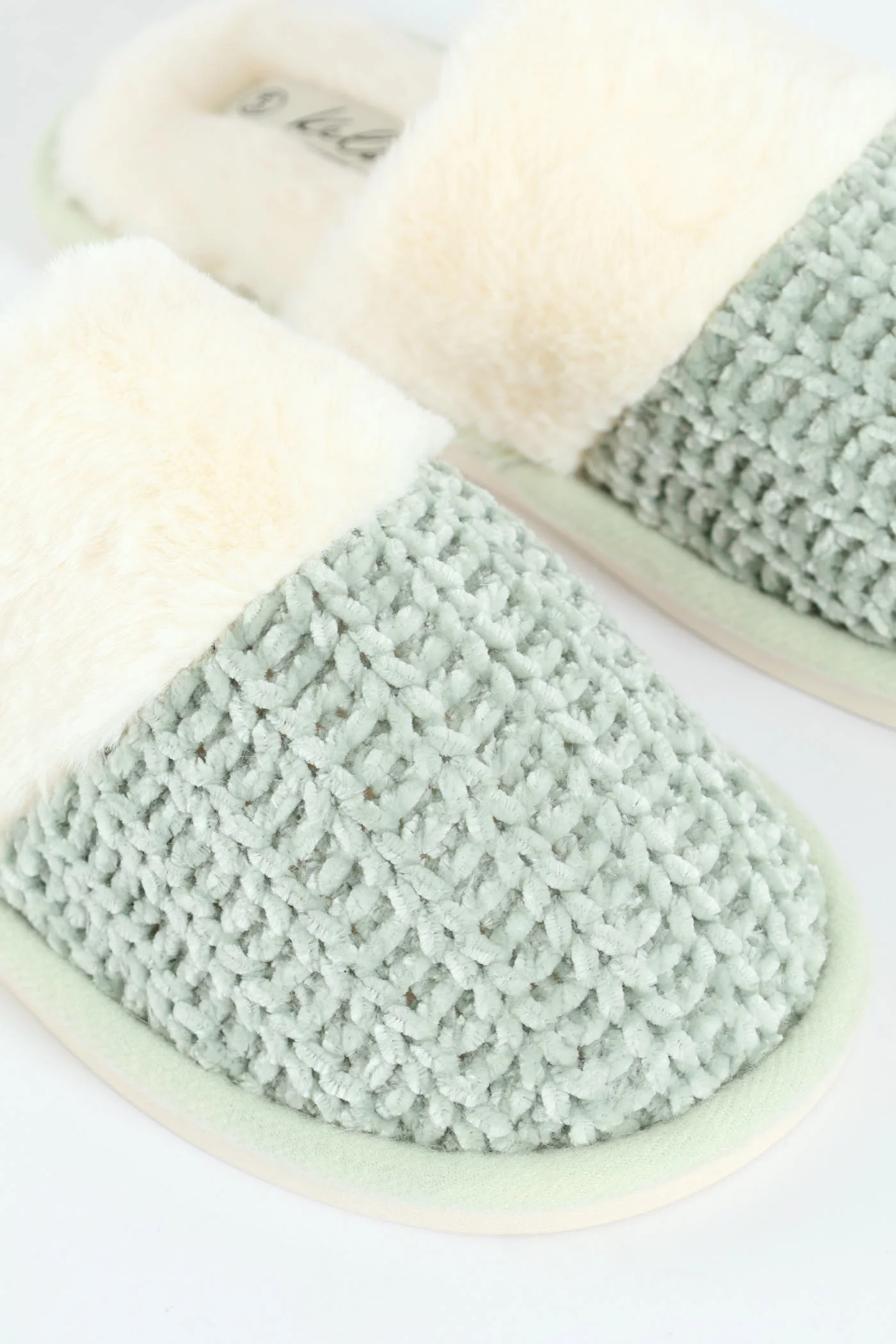 Chenille Closed Toe Slipper With Fur Topline - Sage - Image 2