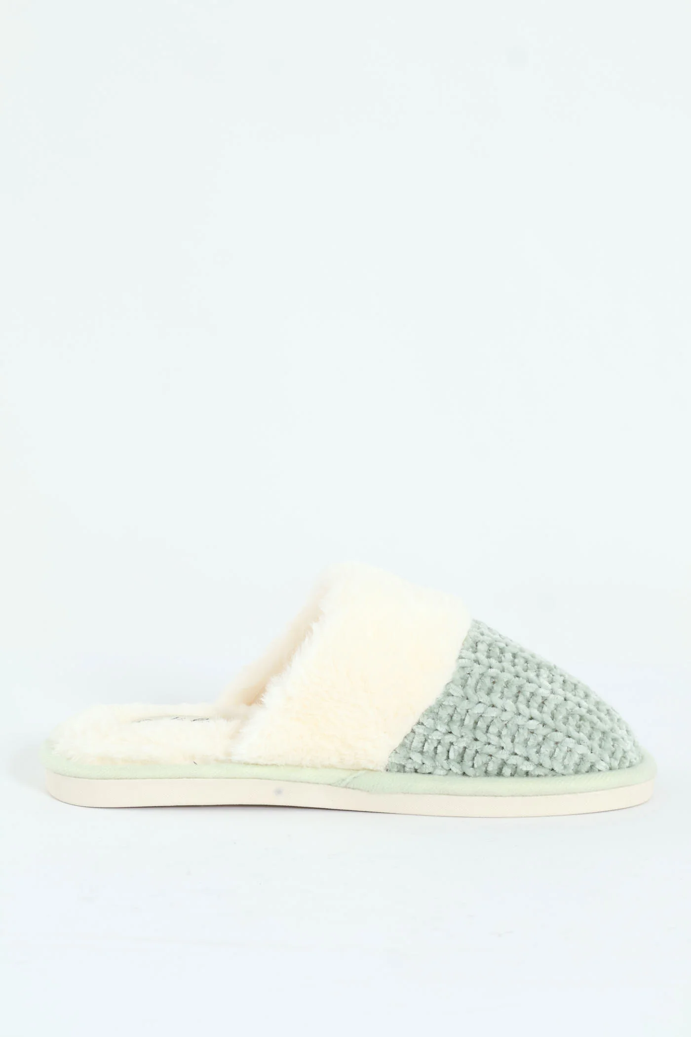Chenille Closed Toe Slipper With Fur Topline - Sage - Image 3