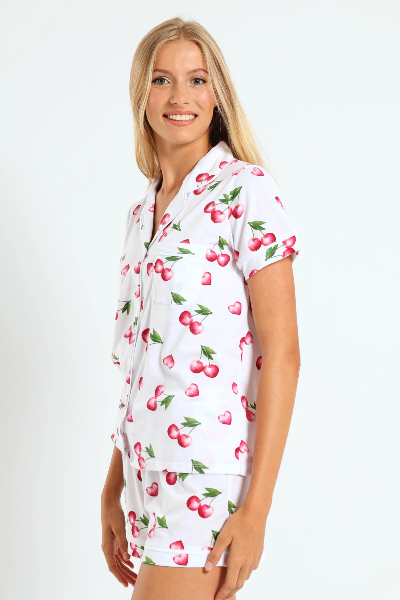 Cherry Hearts Button Through & Knit Short Set - White - Image 3