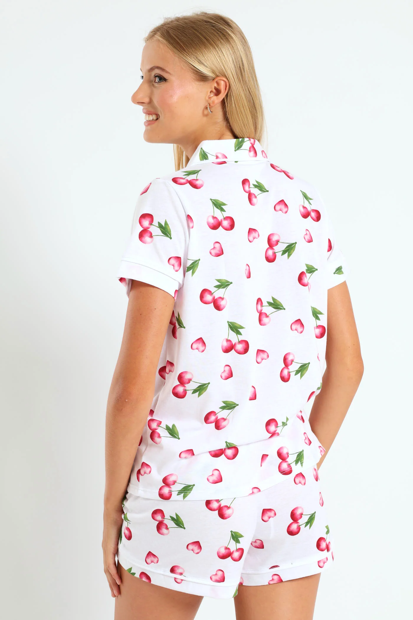 Cherry Hearts Button Through & Knit Short Set - White - Image 4