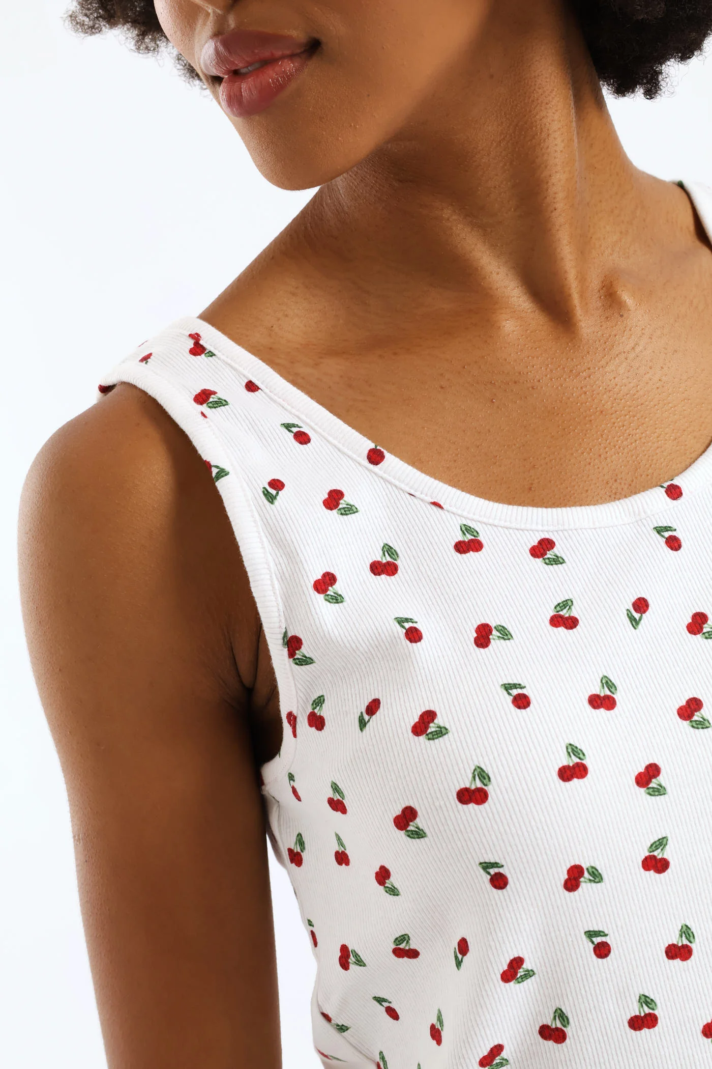 Cherry Rib Knit Tank Top - White/Red - Image 2