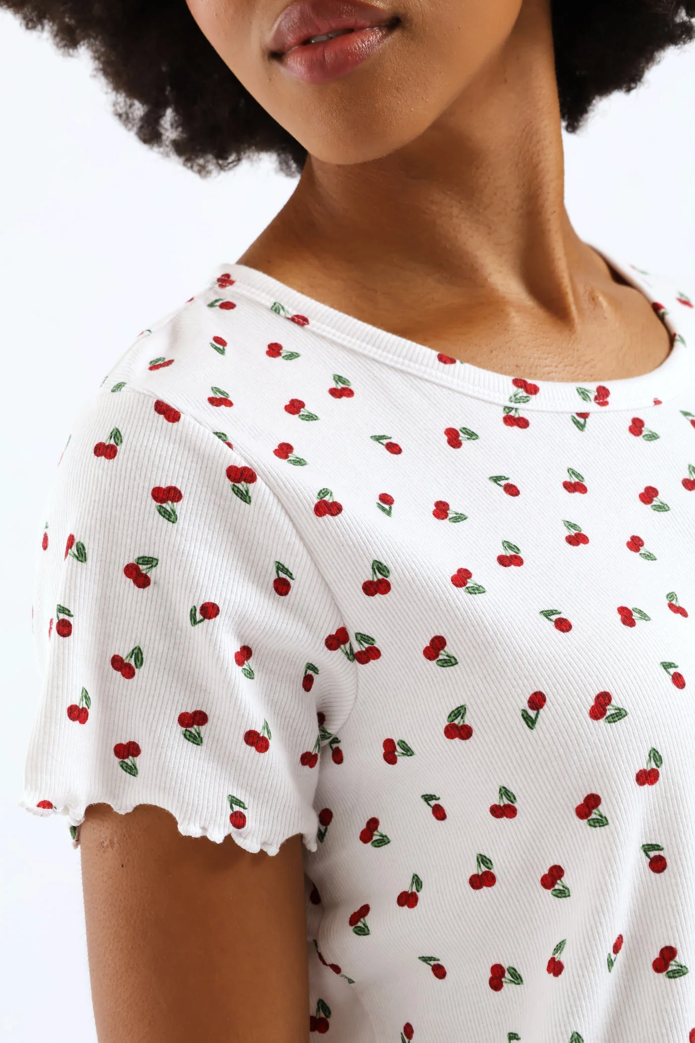 Cherry Rib Knit Tee - White/Red - Image 2
