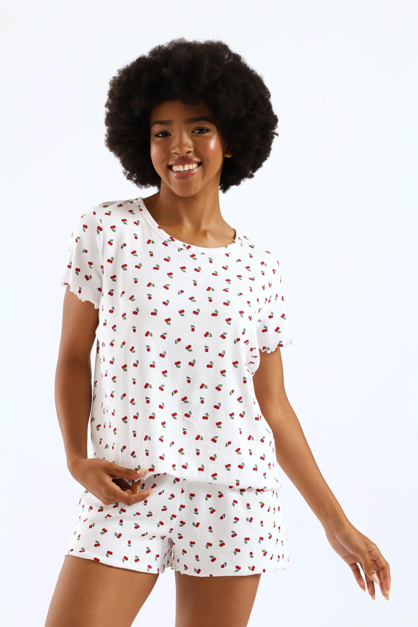 Cherry Rib Knit Tee - White/Red - Image 5