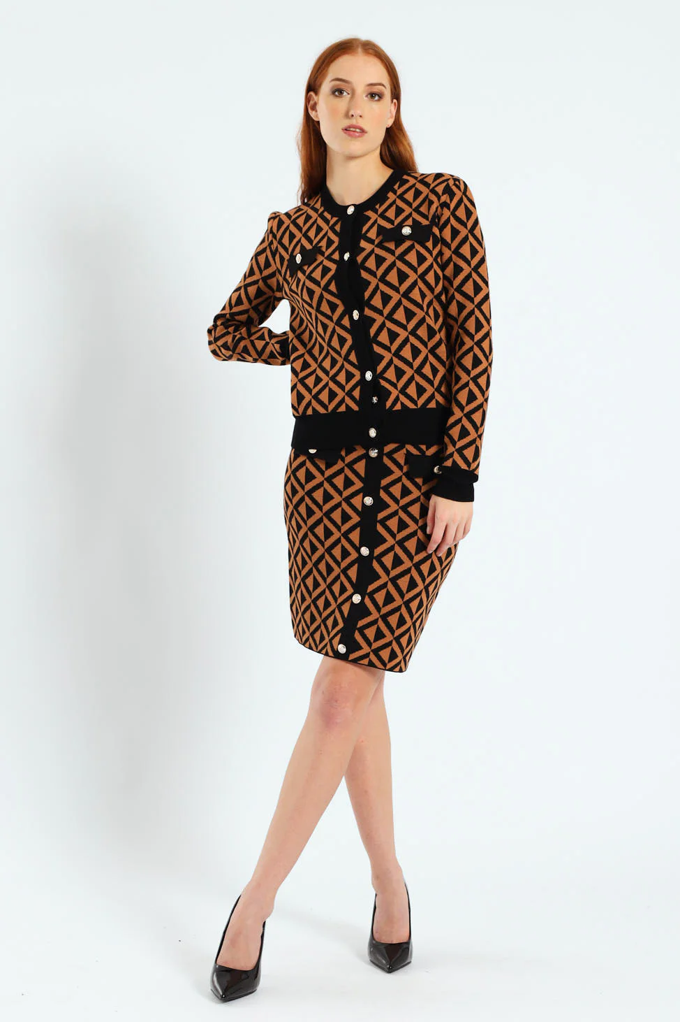 Chevron Knitwear Midi Skirt - Brown - Image 4