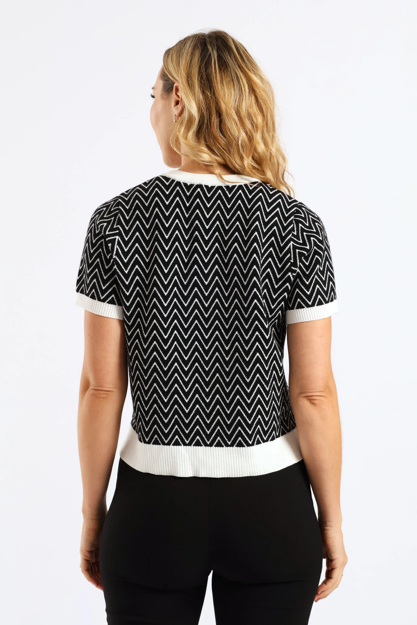 Chevron Preppy Tipped Cardigan - Black/Cream - Image 2