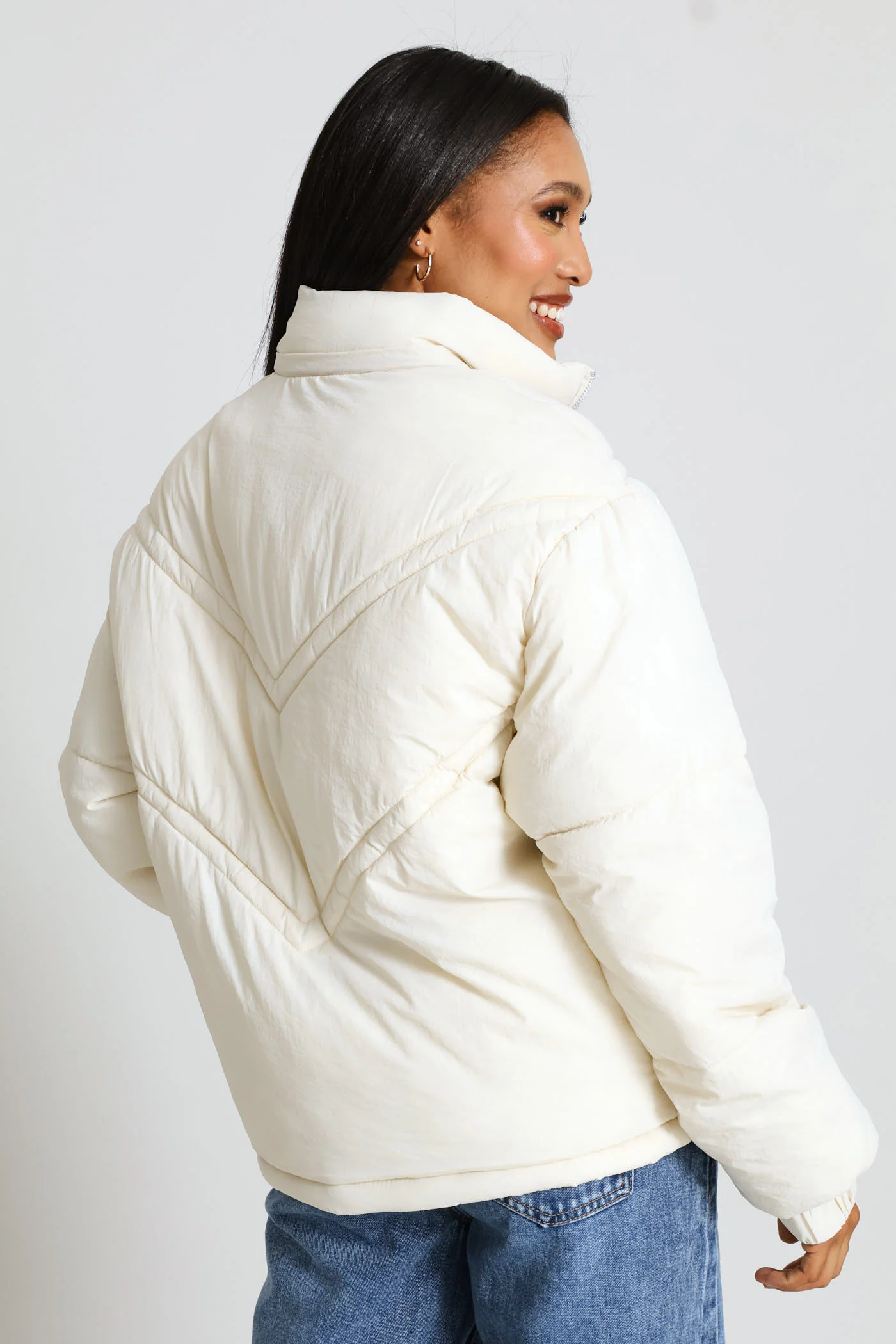 Chevron Quilted Puffer Jacket - Light Stone - Image 3