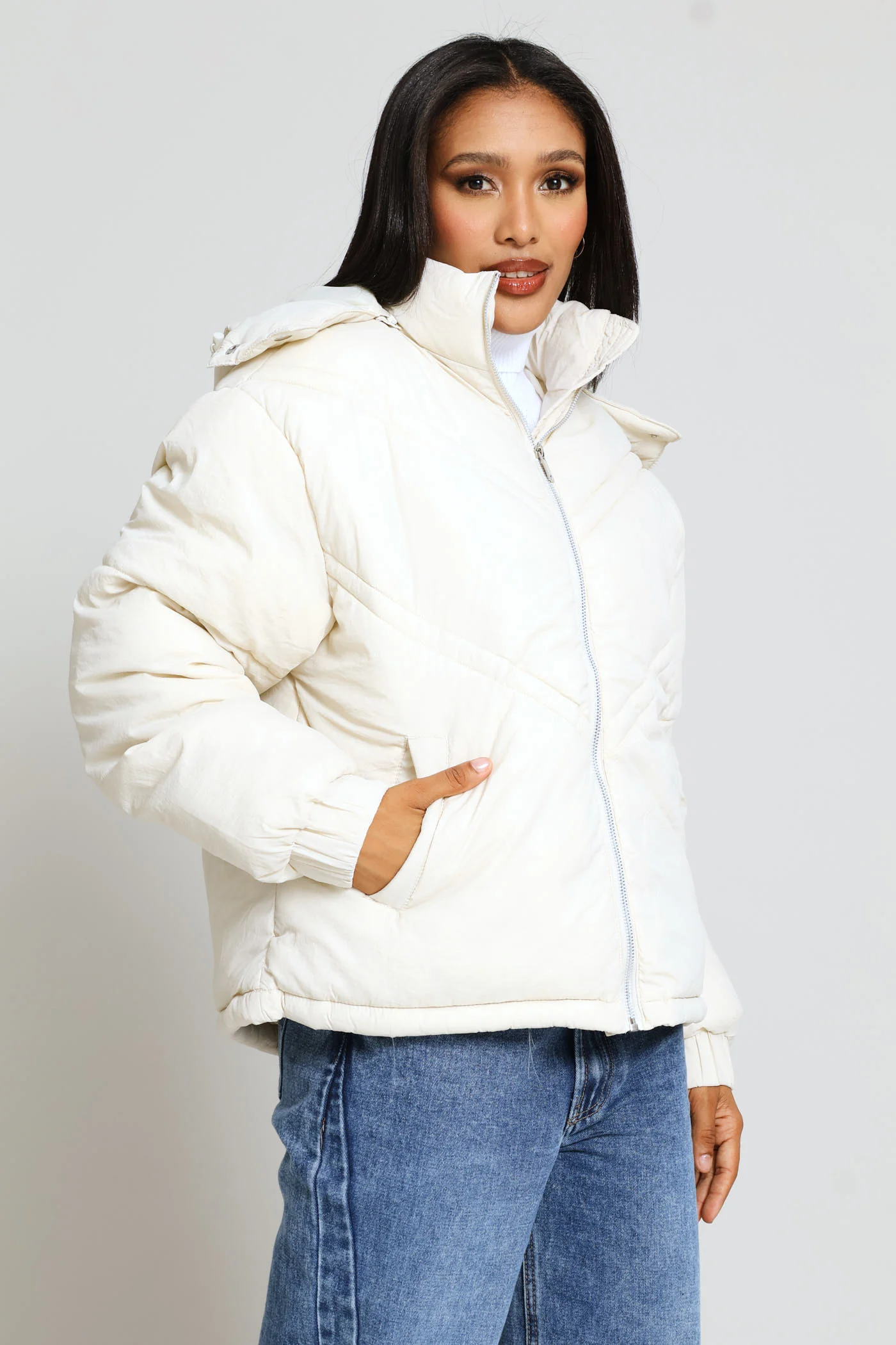 Chevron Quilted Puffer Jacket - Light Stone - Image 4