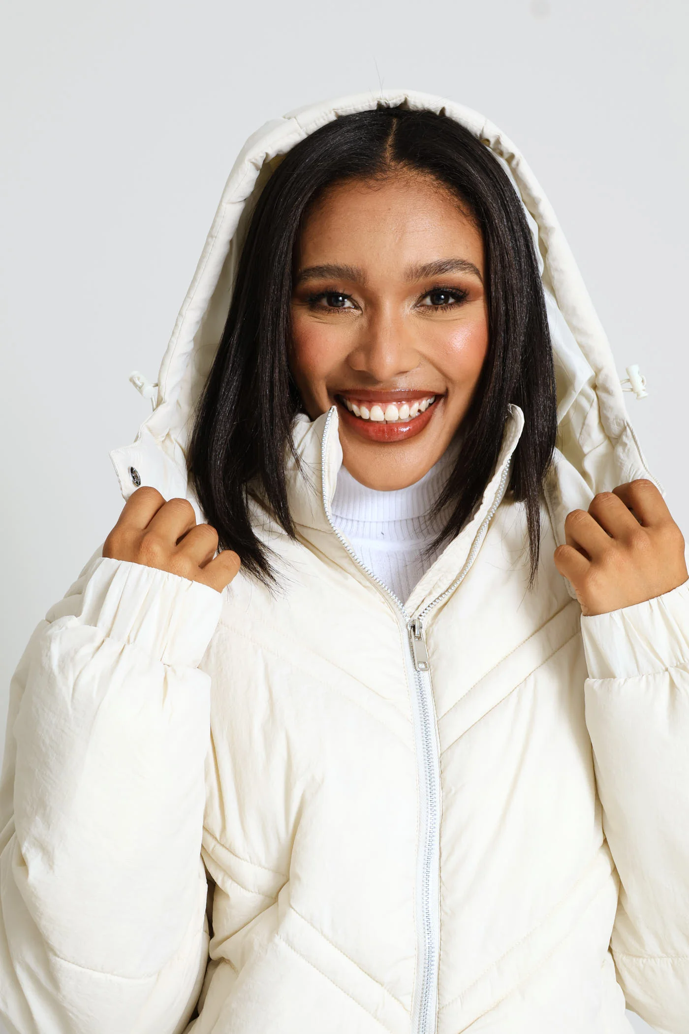 Chevron Quilted Puffer Jacket - Light Stone - Image 5