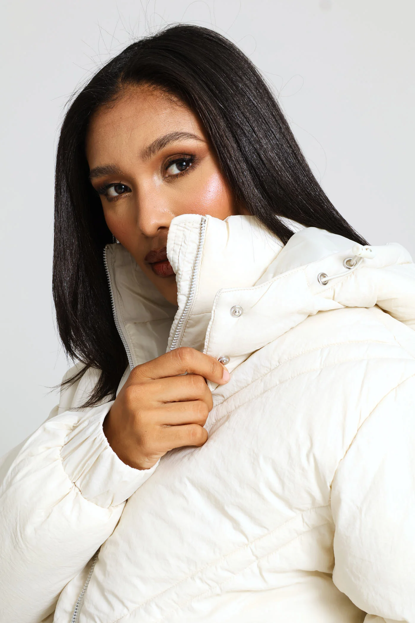 Chevron Quilted Puffer Jacket - Light Stone - Image 7
