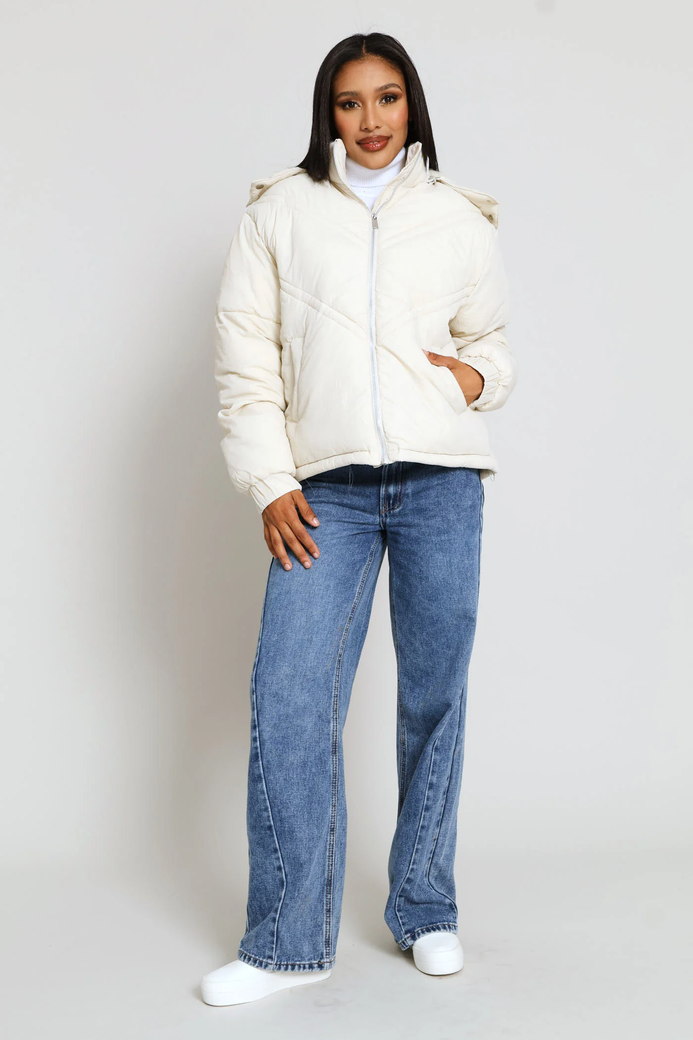 Chevron Quilted Puffer Jacket - Light Stone - Image 8