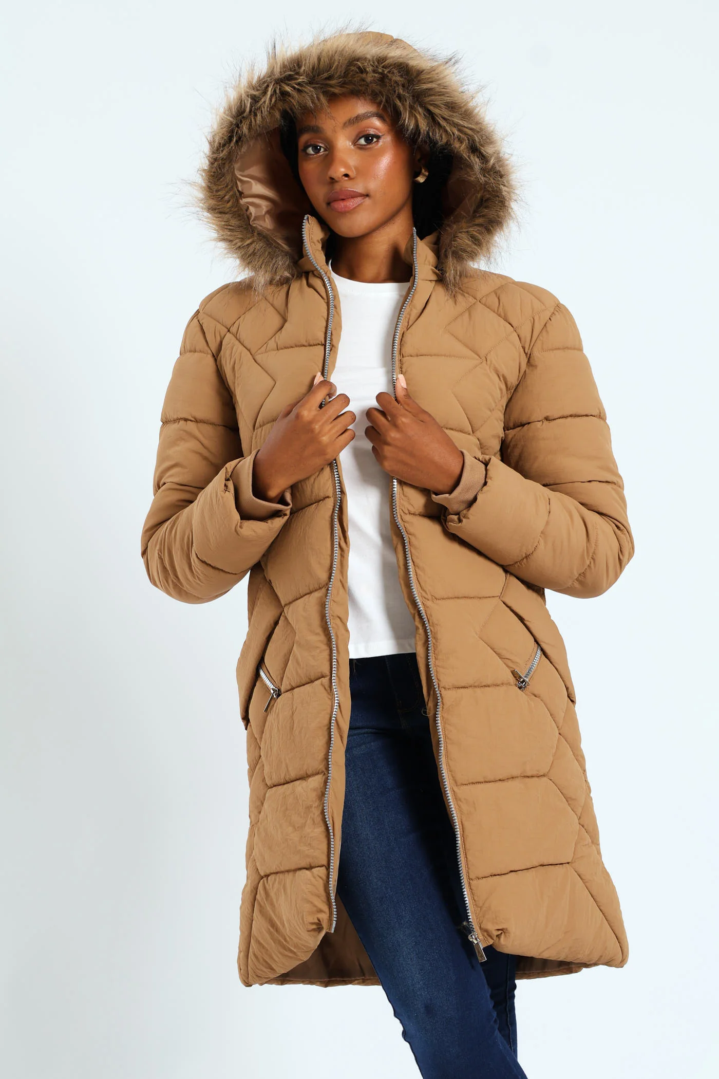 Chevron Quilted Puffer With Detachable Tonal Fur Hood - Chestnut - Image 2