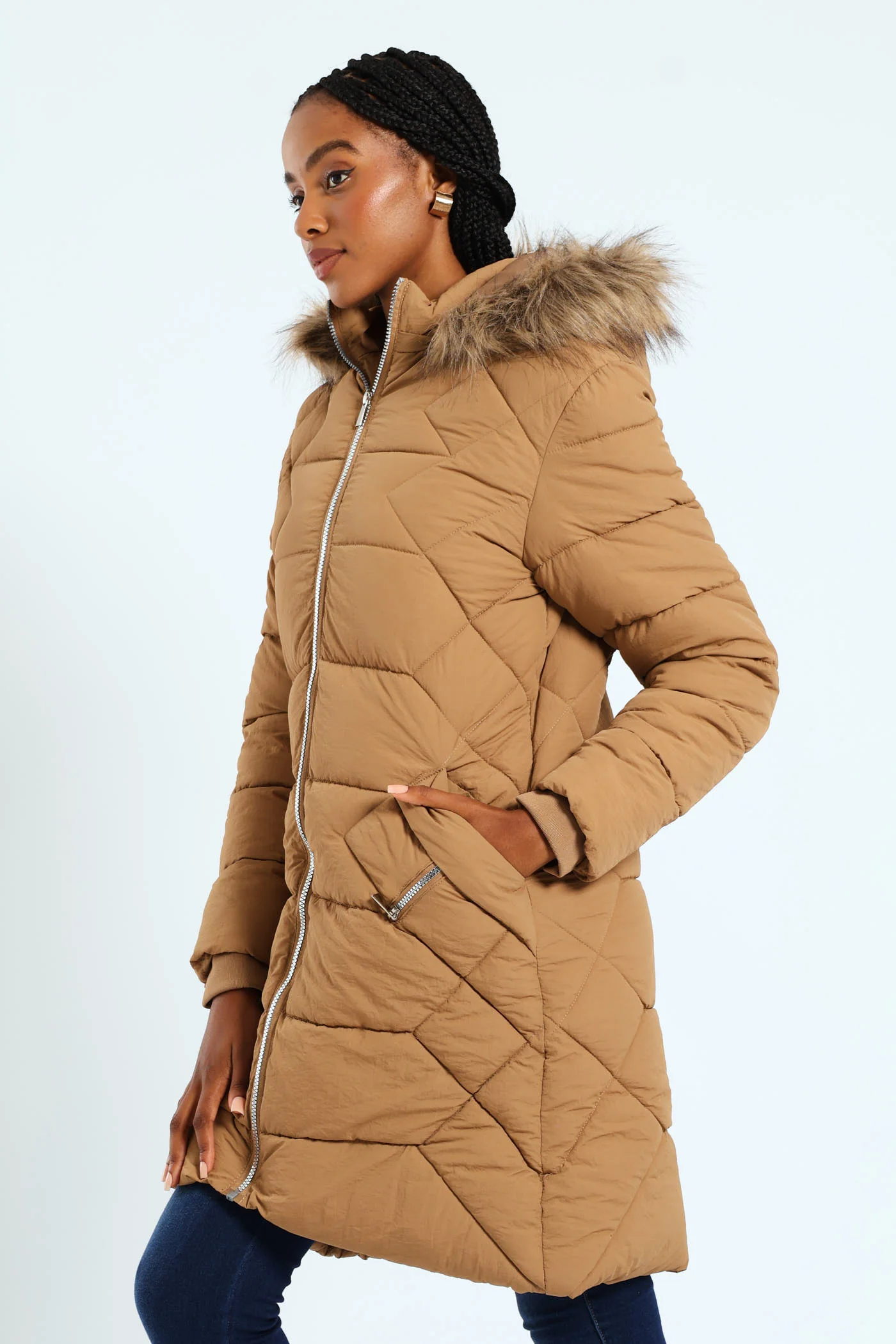 Chevron Quilted Puffer With Detachable Tonal Fur Hood - Chestnut - Image 3