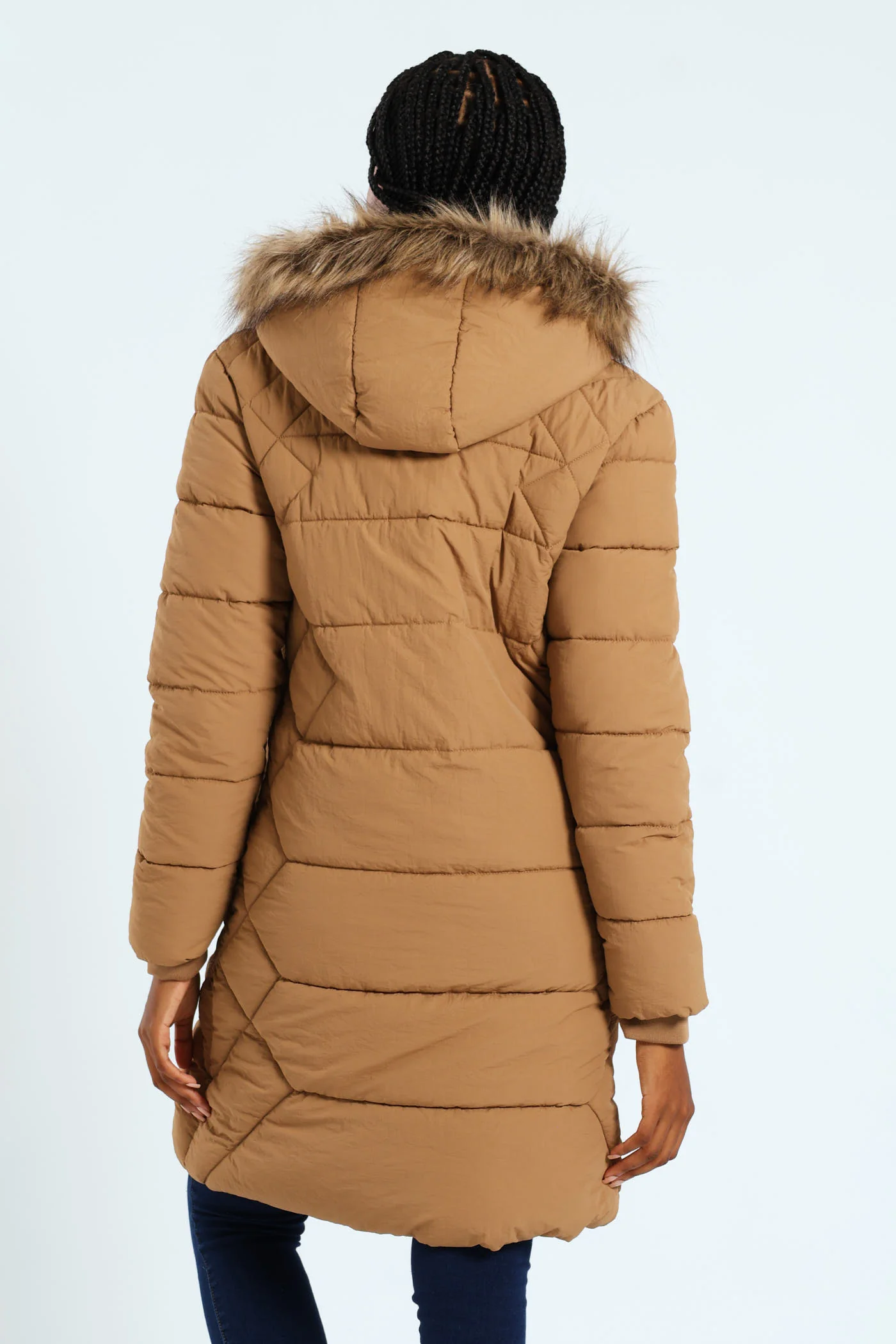 Chevron Quilted Puffer With Detachable Tonal Fur Hood - Chestnut - Image 4