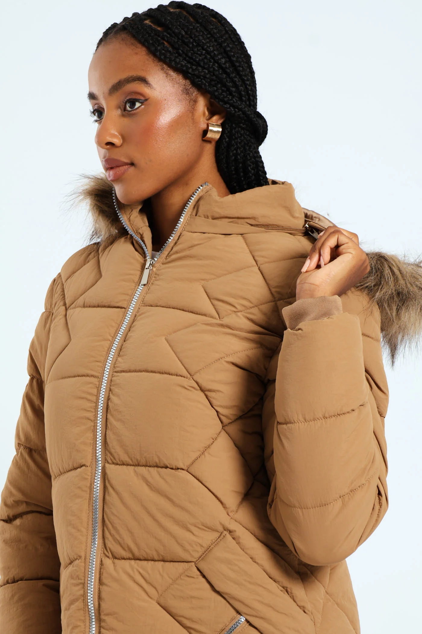 Chevron Quilted Puffer With Detachable Tonal Fur Hood - Chestnut - Image 5