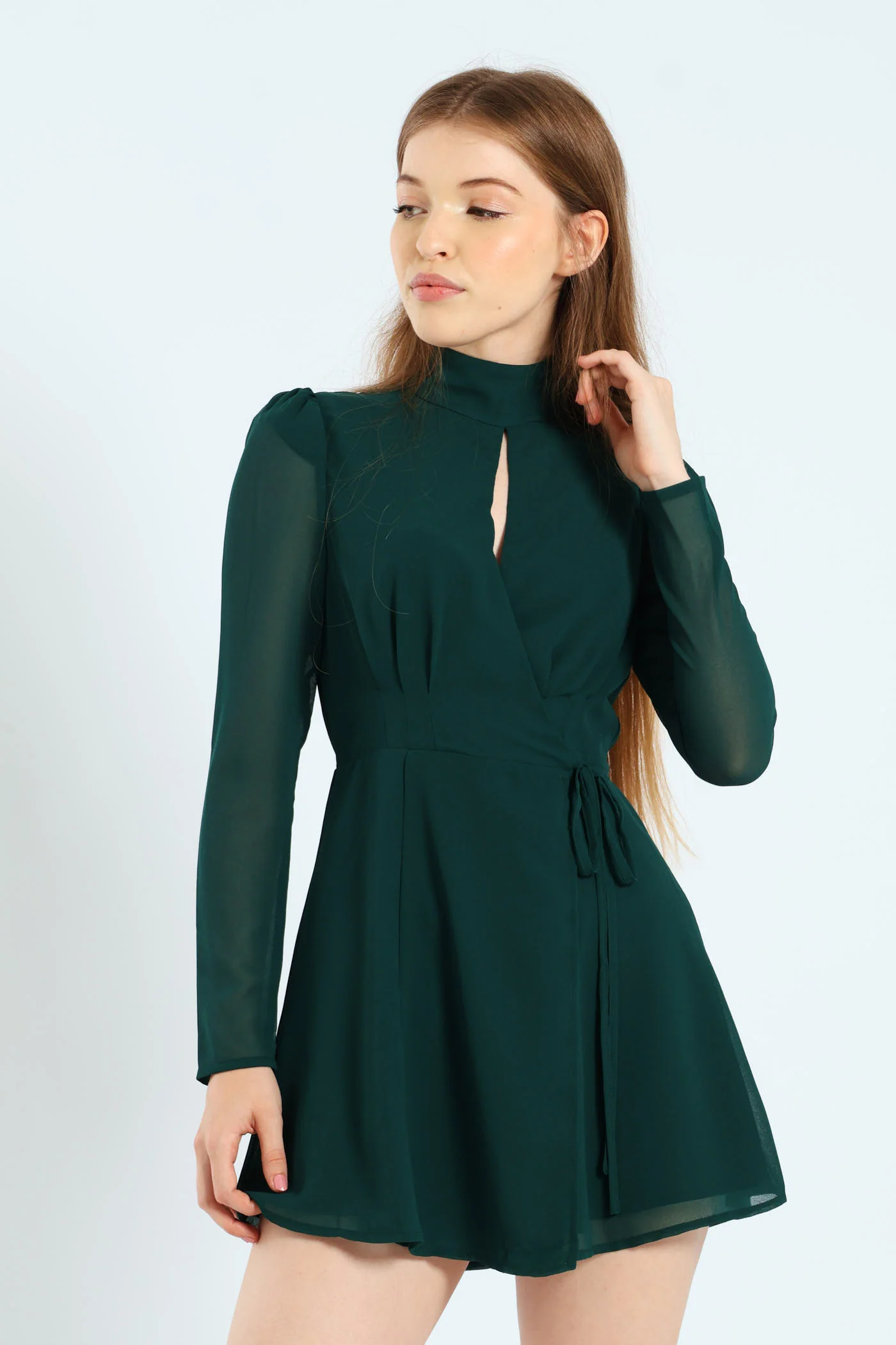 Chiffon Keyhole Tie-Waist Mini Dress - Hunter Green - Image 3