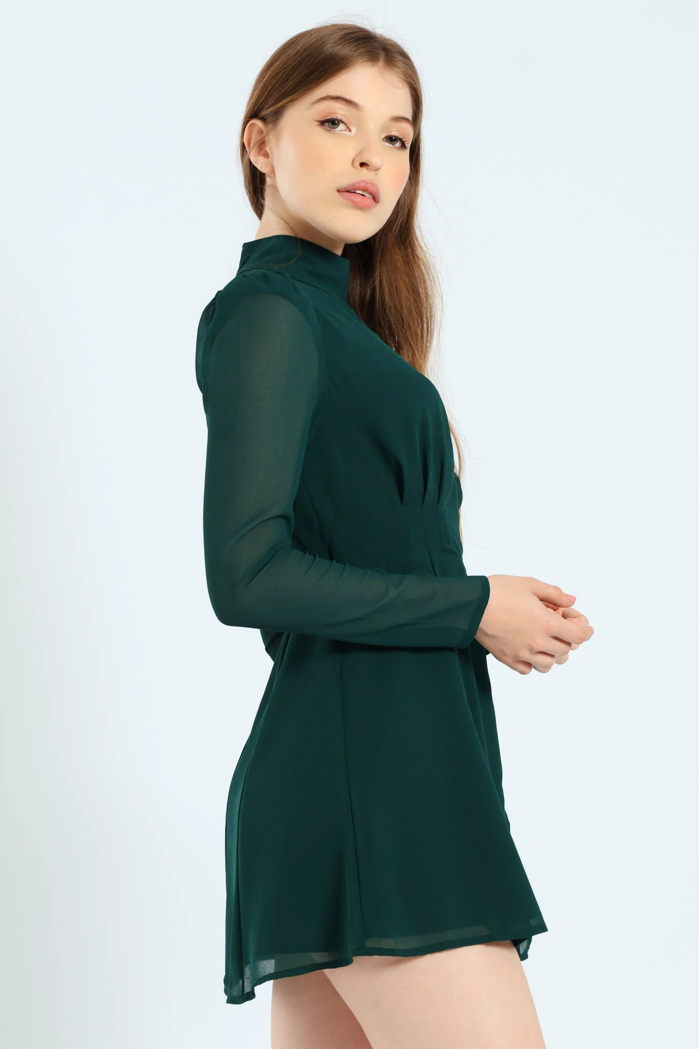 Chiffon Keyhole Tie-Waist Mini Dress - Hunter Green - Image 4